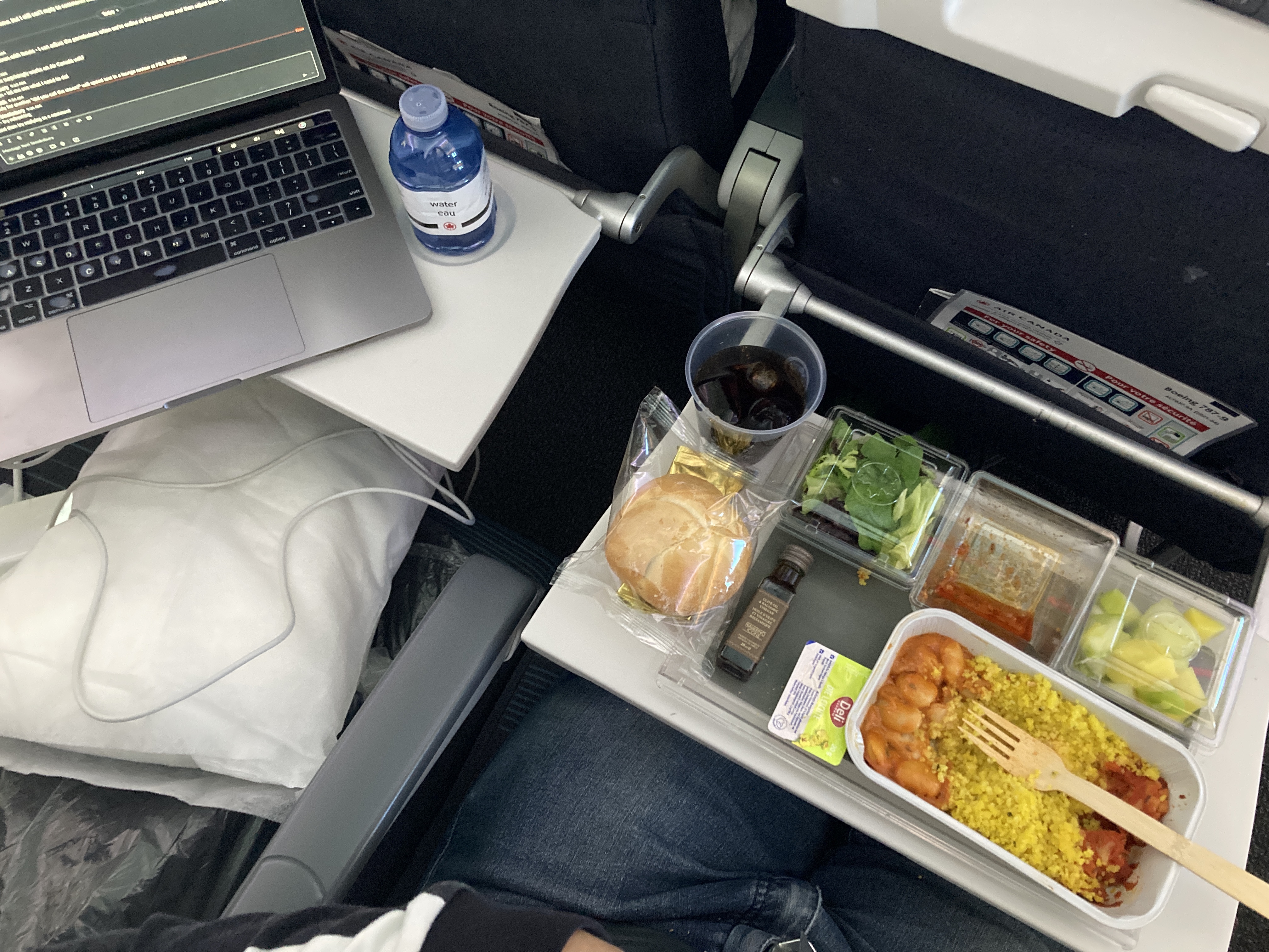 Air Canada B787 9 FRA YUL economy meal with laptop Air Canada B787-9 FRA to YUL economy meal with laptop