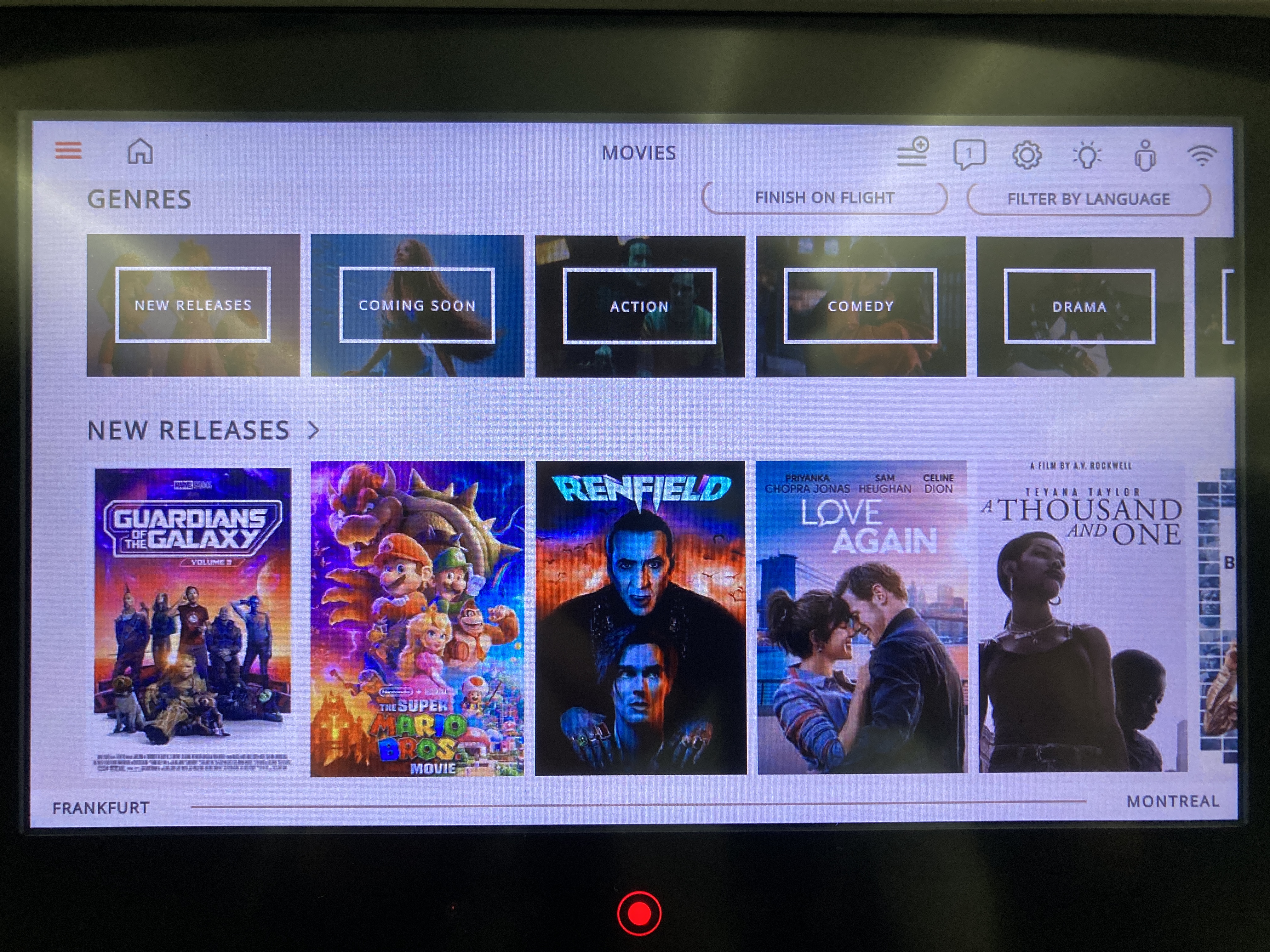 Air Canada B787 9 FRA YUL economy movie genres Air Canada B787-9 FRA to YUL economy movie genres