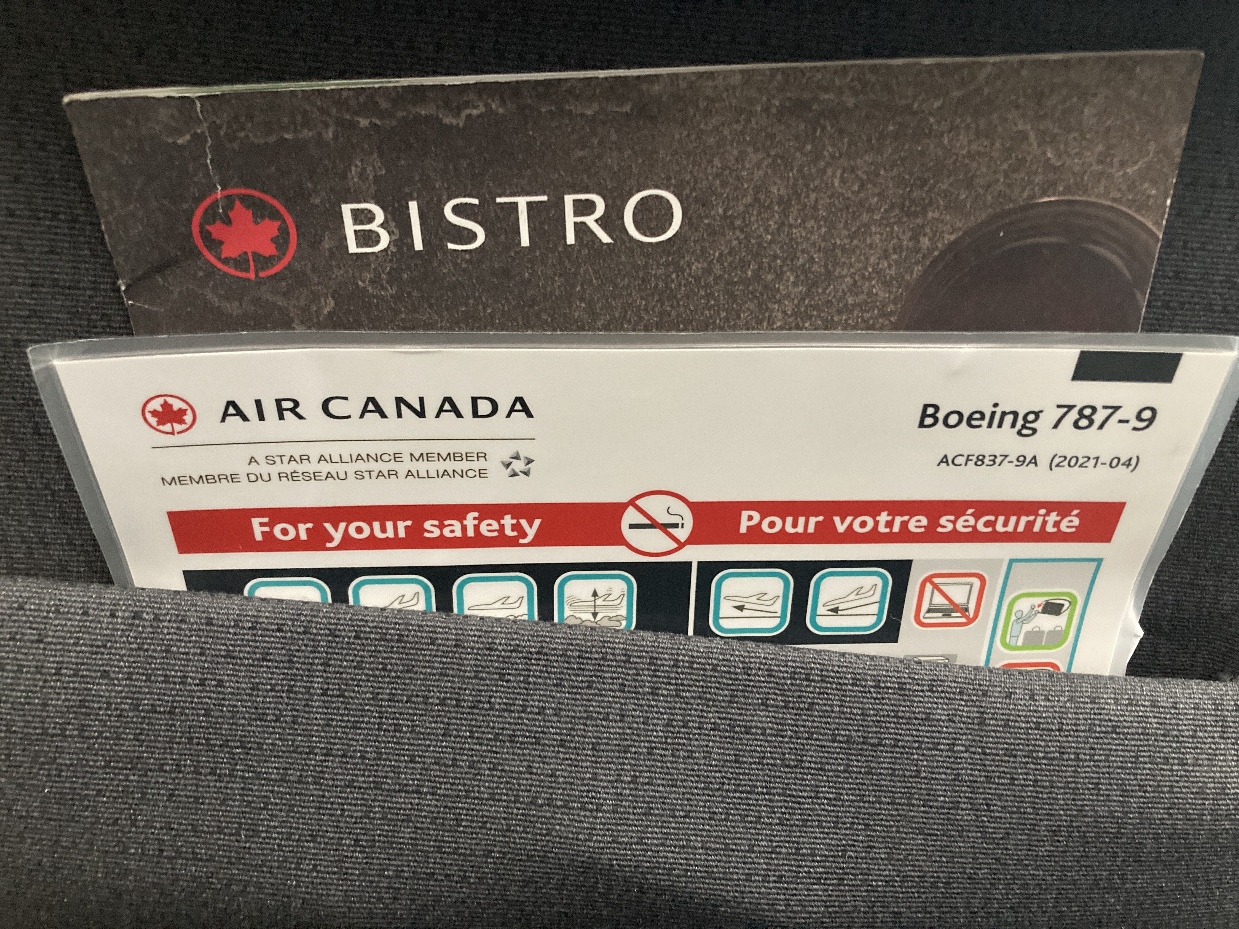 Air Canada B787 9 FRA YUL economy seat back pocket Air Canada B787-9 FRA to YUL economy seat back pocket