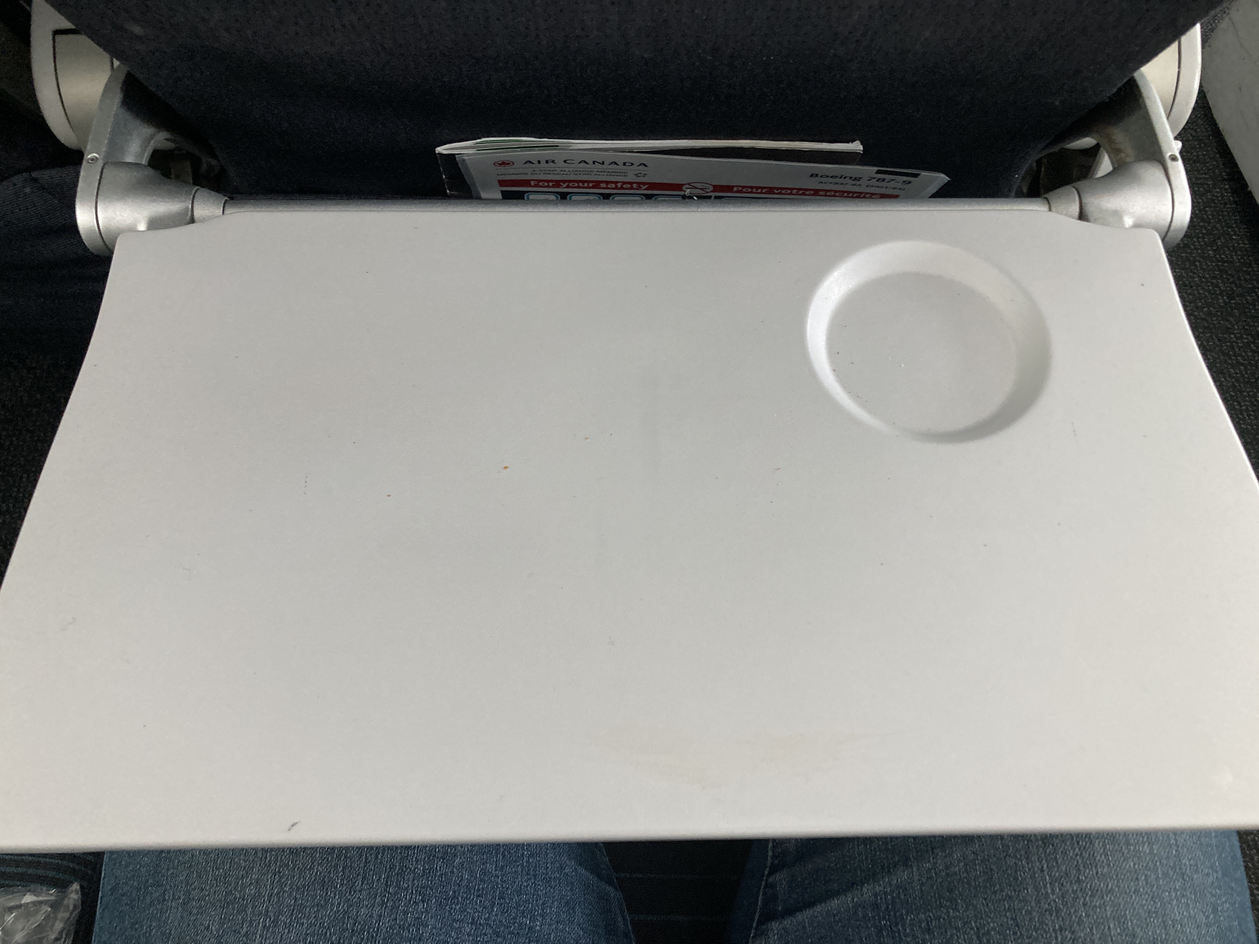 Air Canada B787 9 FRA YUL economy tray table Air Canada B787-9 FRA to YUL economy tray table