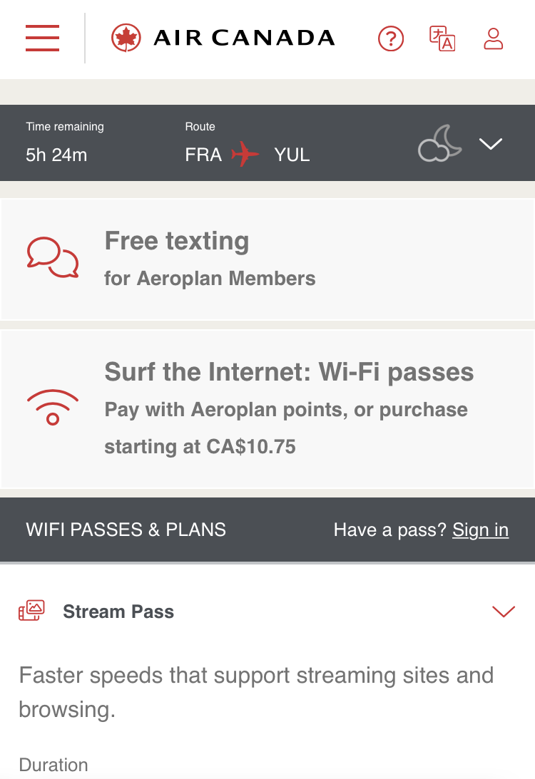 Air Canada B787 9 FRA YUL economy wifi cost Air Canada B787-9 FRA to YUL economy wifi cost