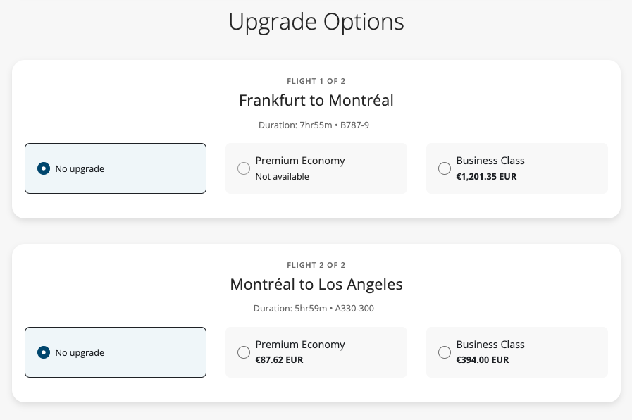 Air Canada upgrade options FRA YUL LAX economy Air Canada upgrade options FRA YUL LAX economy