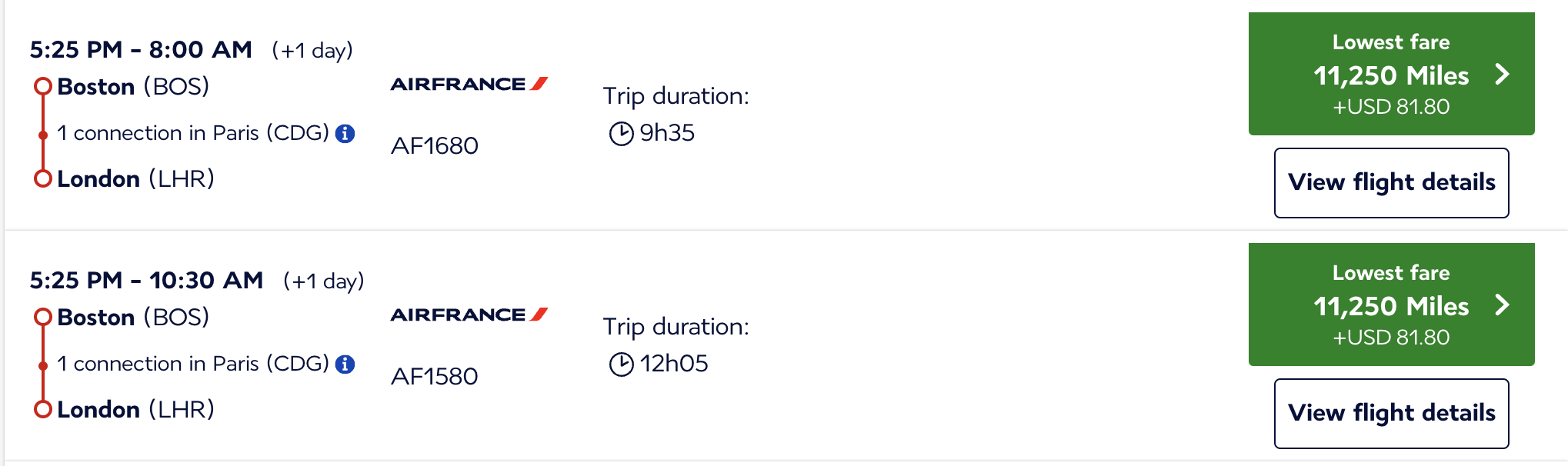 BOS CDG LHR 11k economy