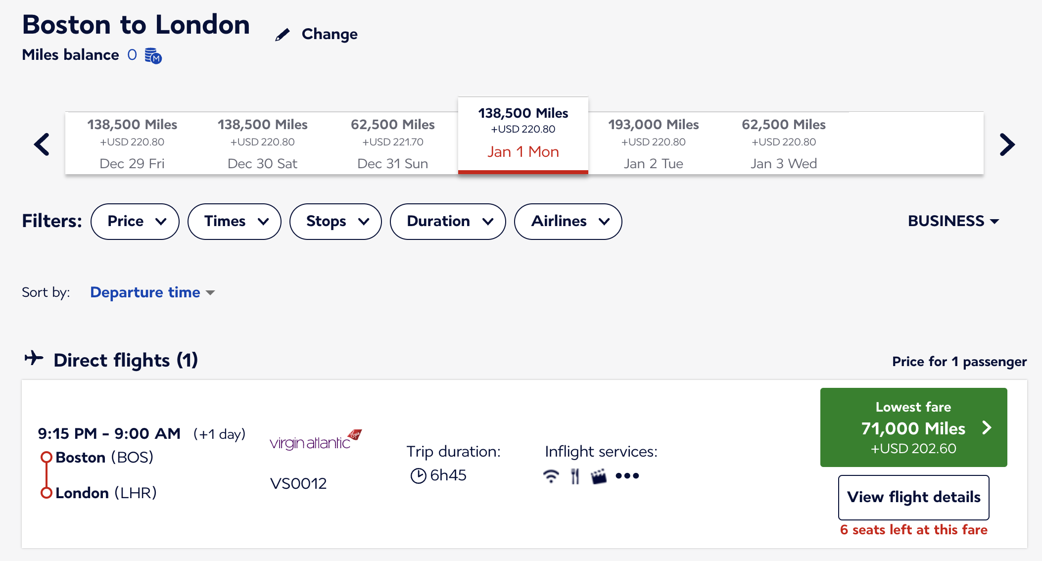 BOS to LHR business 71k