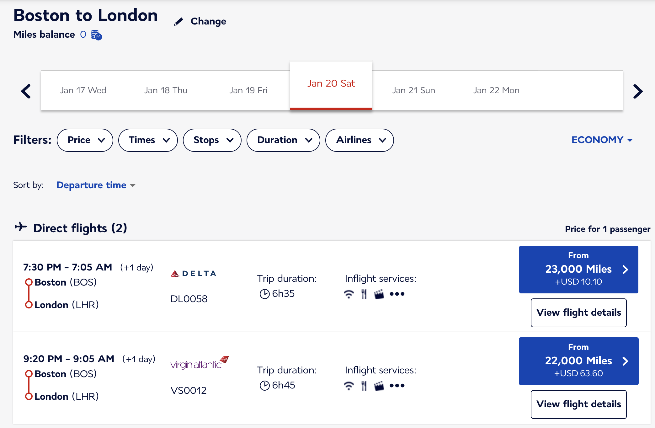 BOS to LHR direct 23k in economy