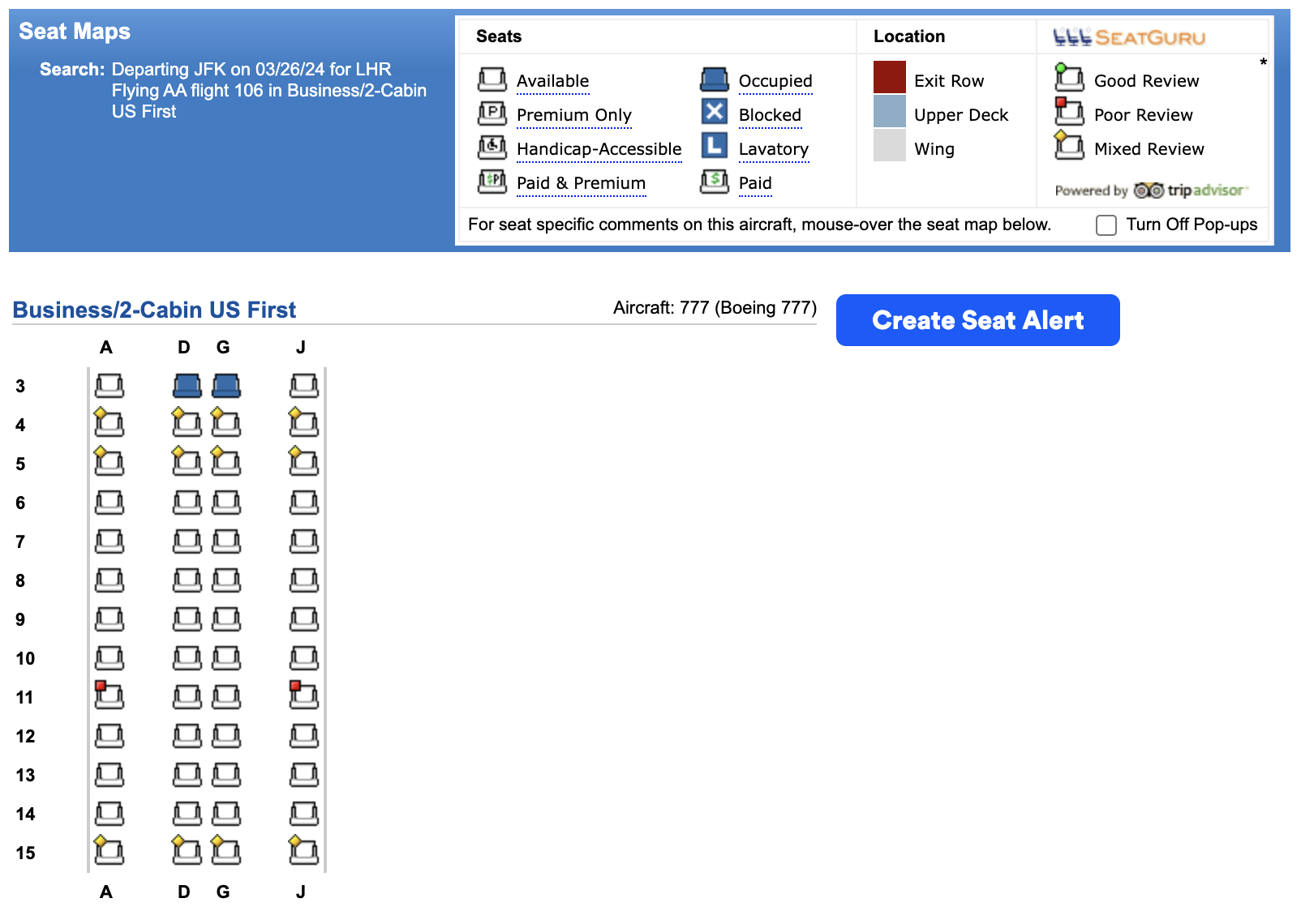 ExpertFlyer AA business class seat map example ExpertFlyer AA business class seat map example