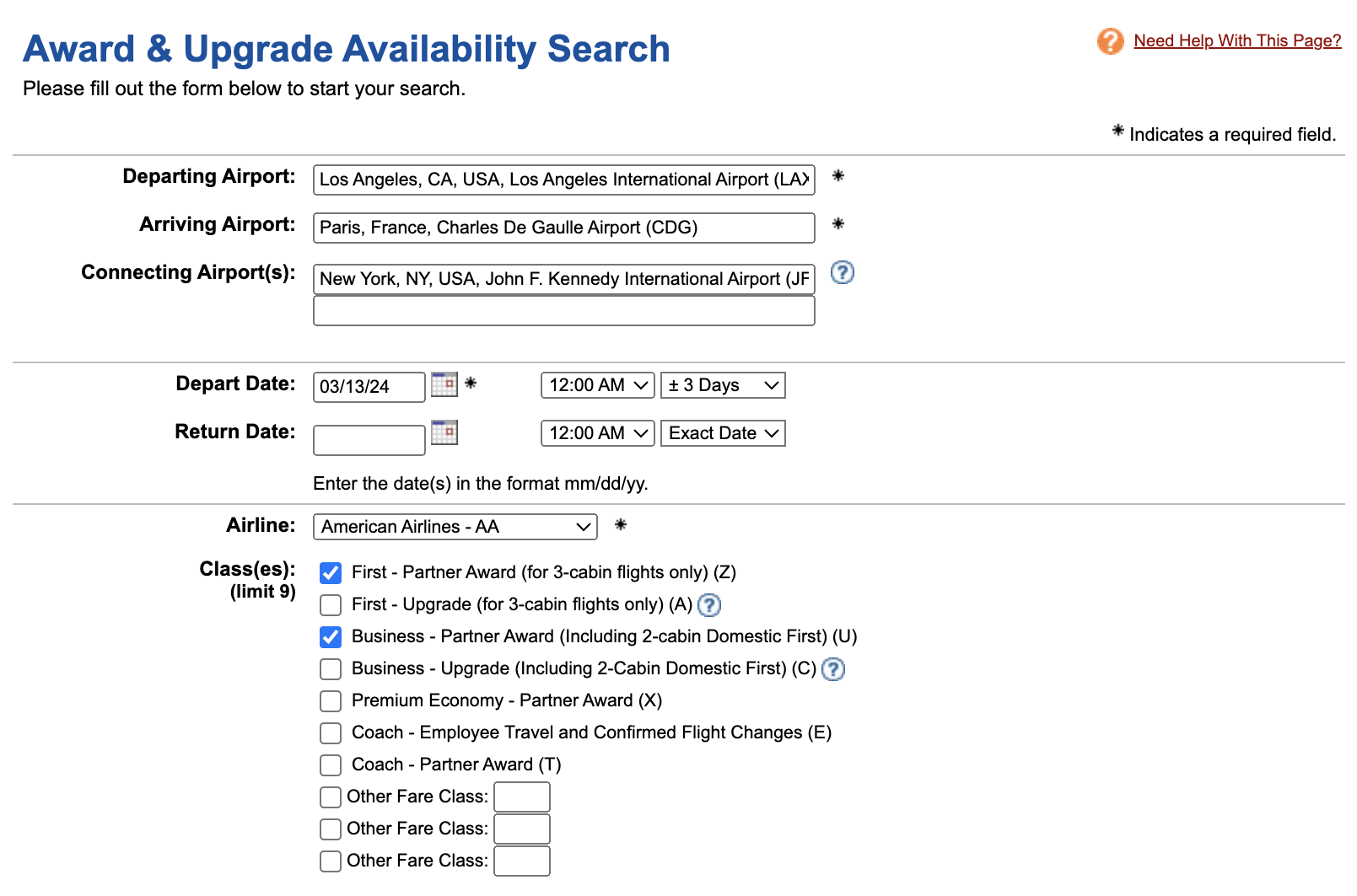 ExpertFlyer AA connecting search options ExpertFlyer AA connecting search options