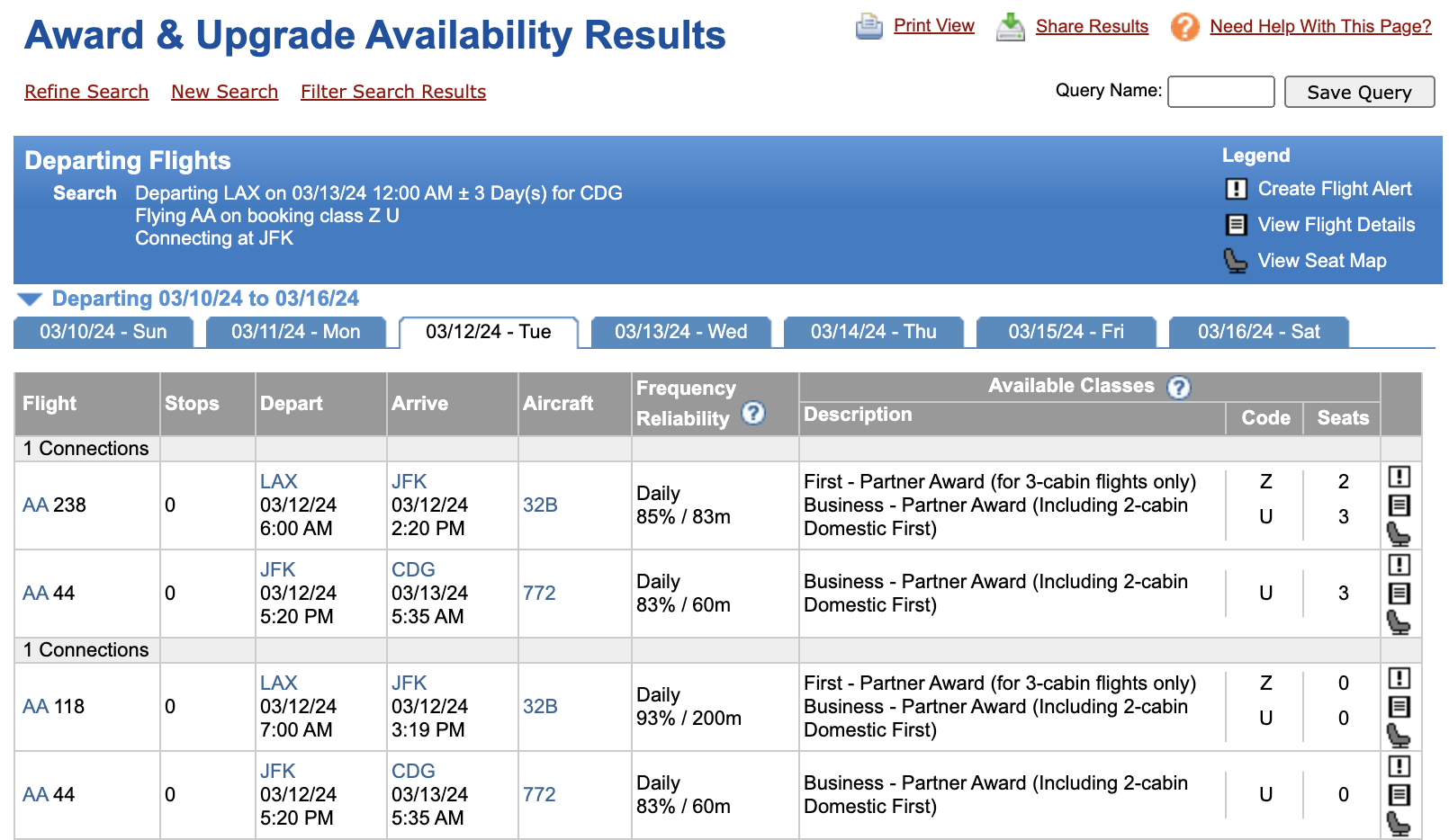 ExpertFlyer AA connecting search results ExpertFlyer AA connecting search results