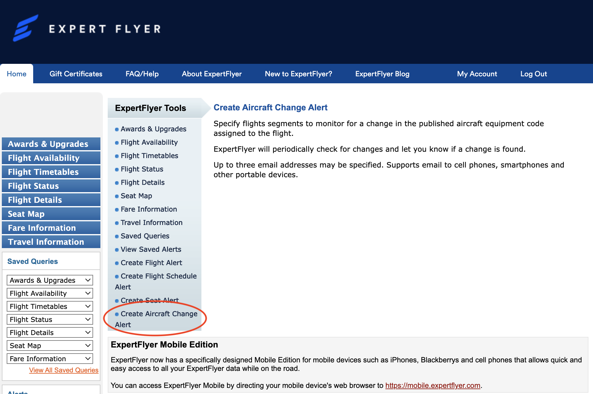 ExpertFlyer aircraft change alert menu option ExpertFlyer aircraft change alert menu option