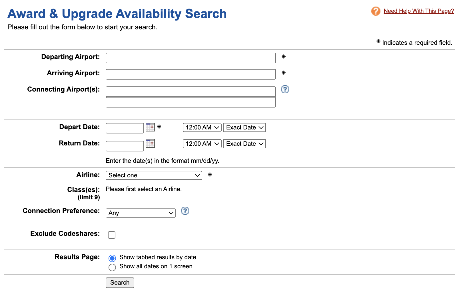 ExpertFlyer award and upgrade search page ExpertFlyer award and upgrade search page