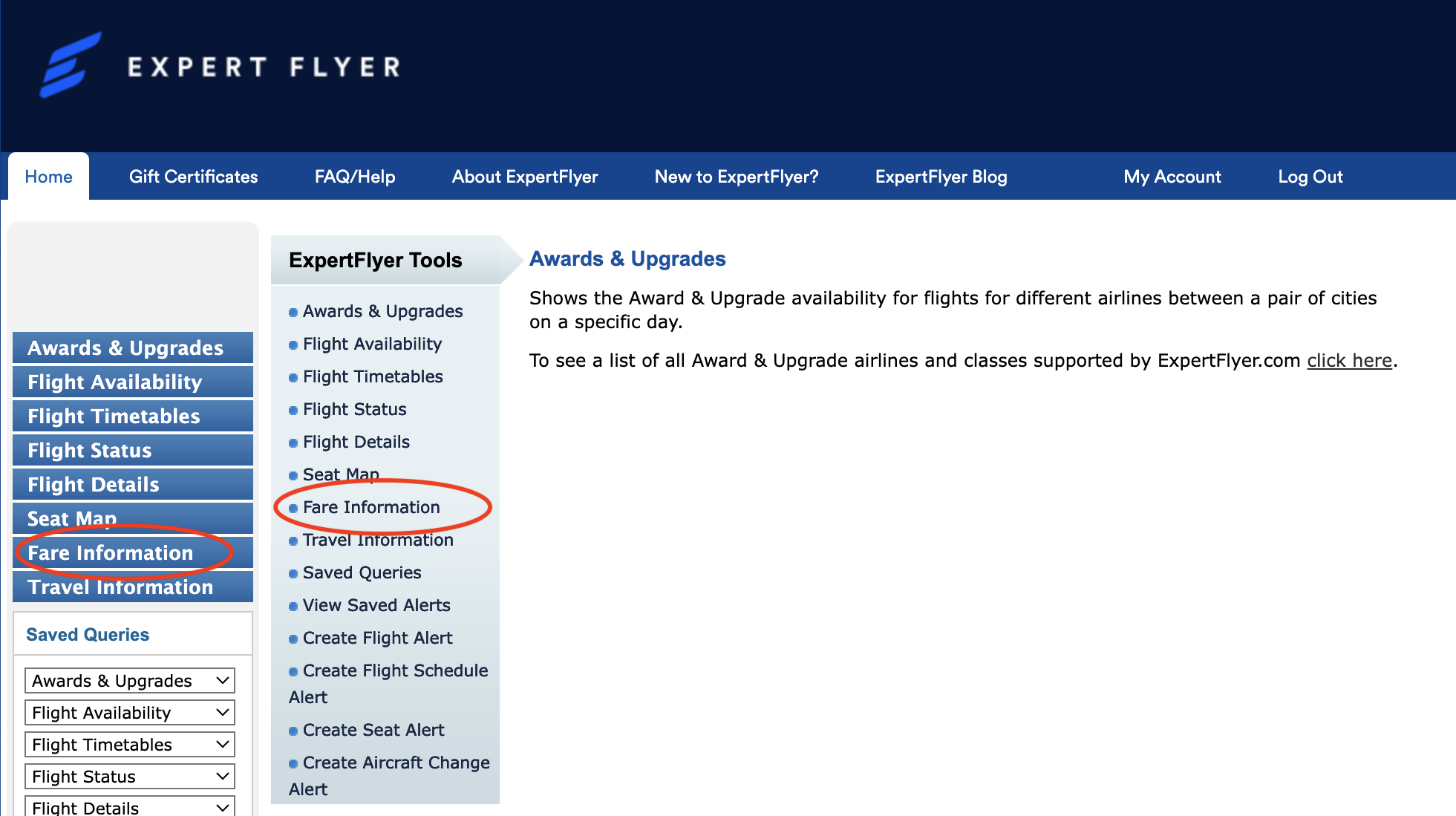 ExpertFlyer fare information menu option ExpertFlyer fare information menu option