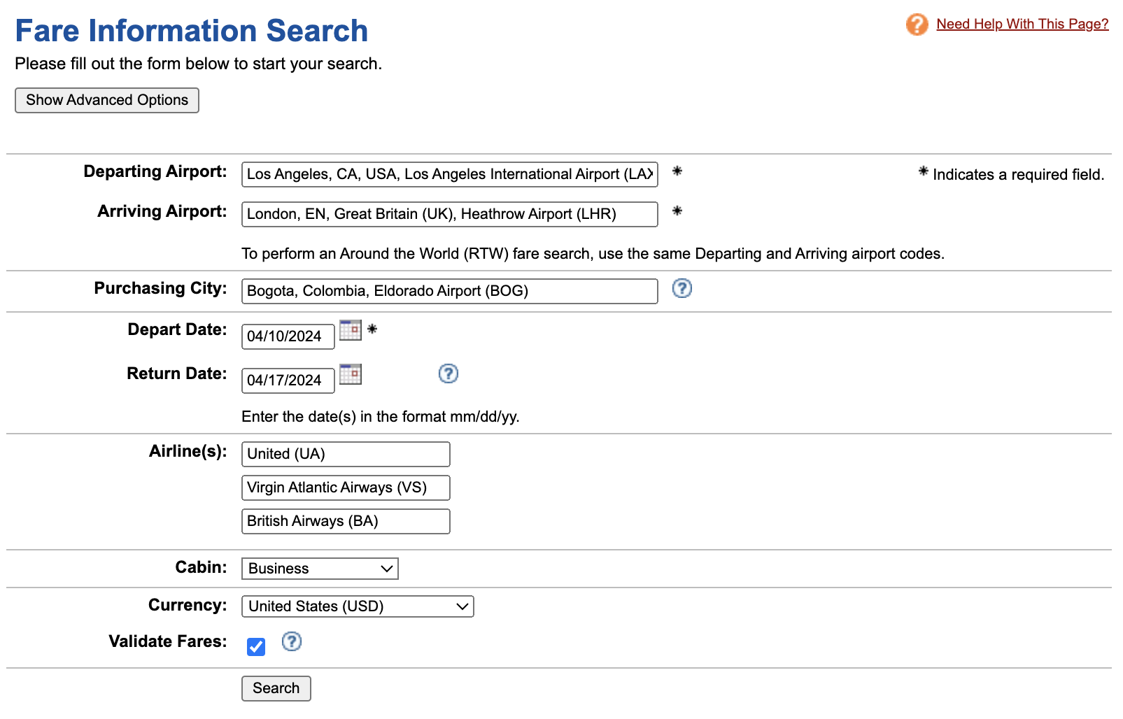 ExpertFlyer fare information search example filled in ExpertFlyer fare information search example filled in