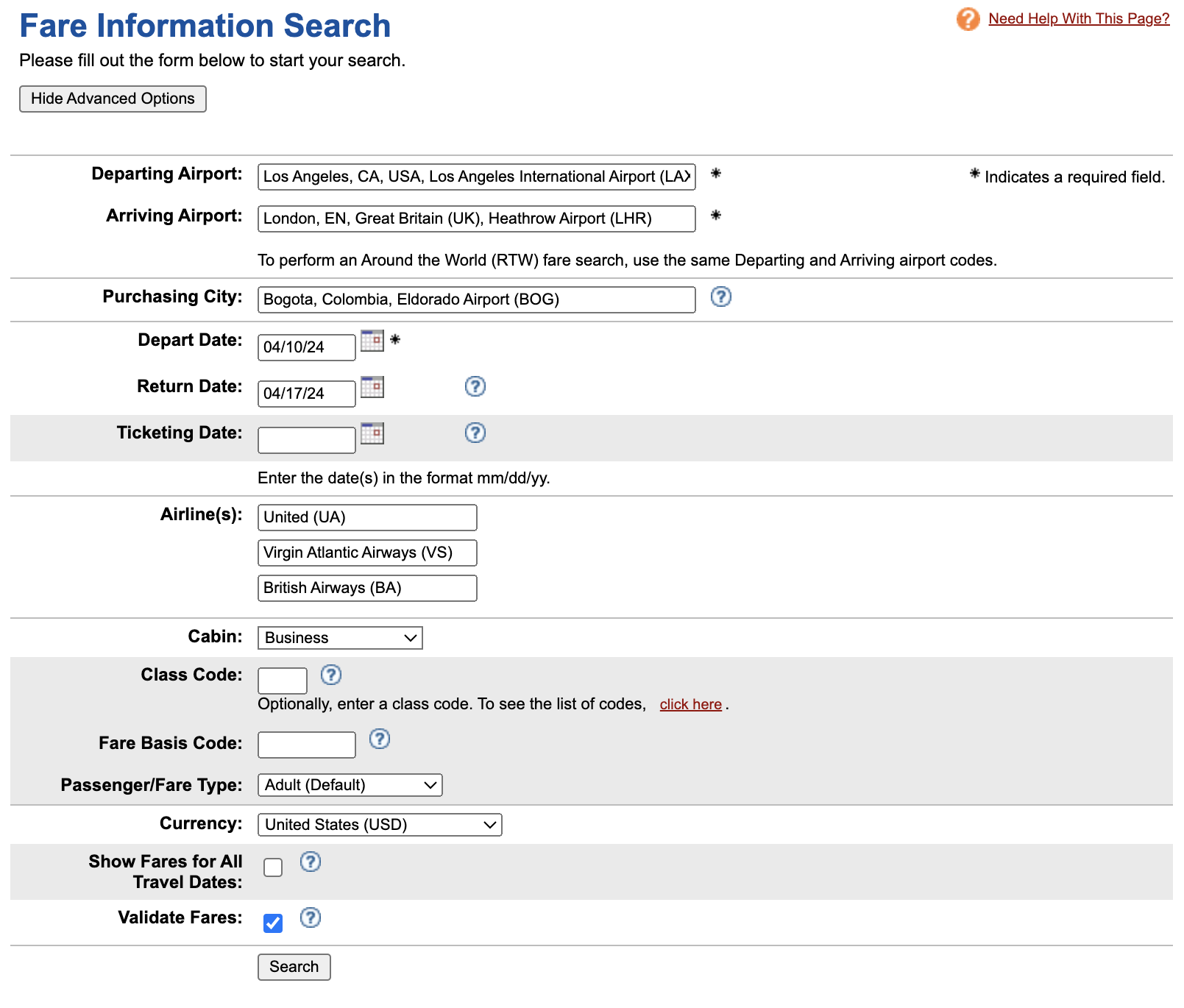 ExpertFlyer fare information search page advanced options ExpertFlyer fare information search page advanced options