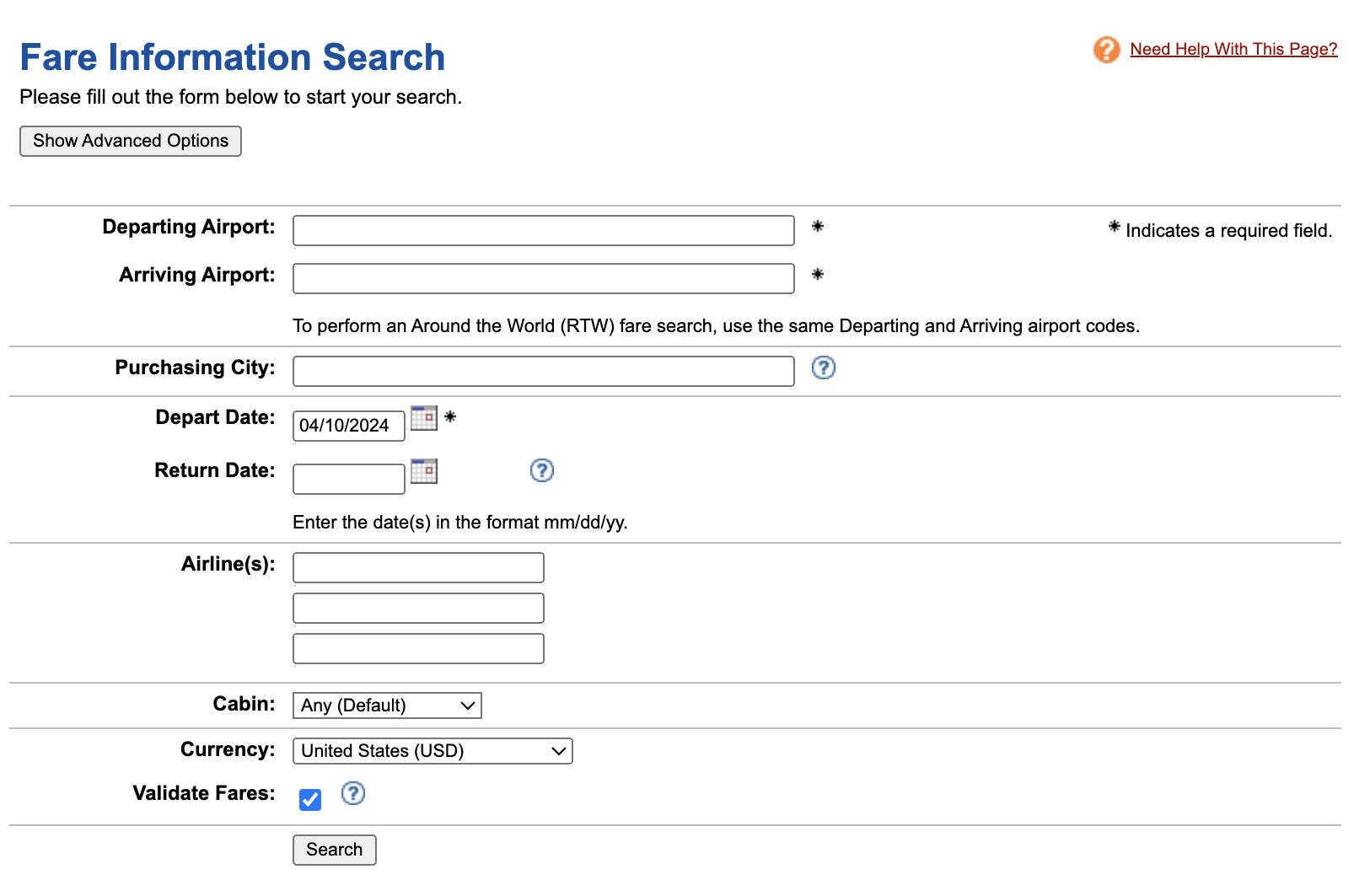 ExpertFlyer fare information search page ExpertFlyer fare information search page