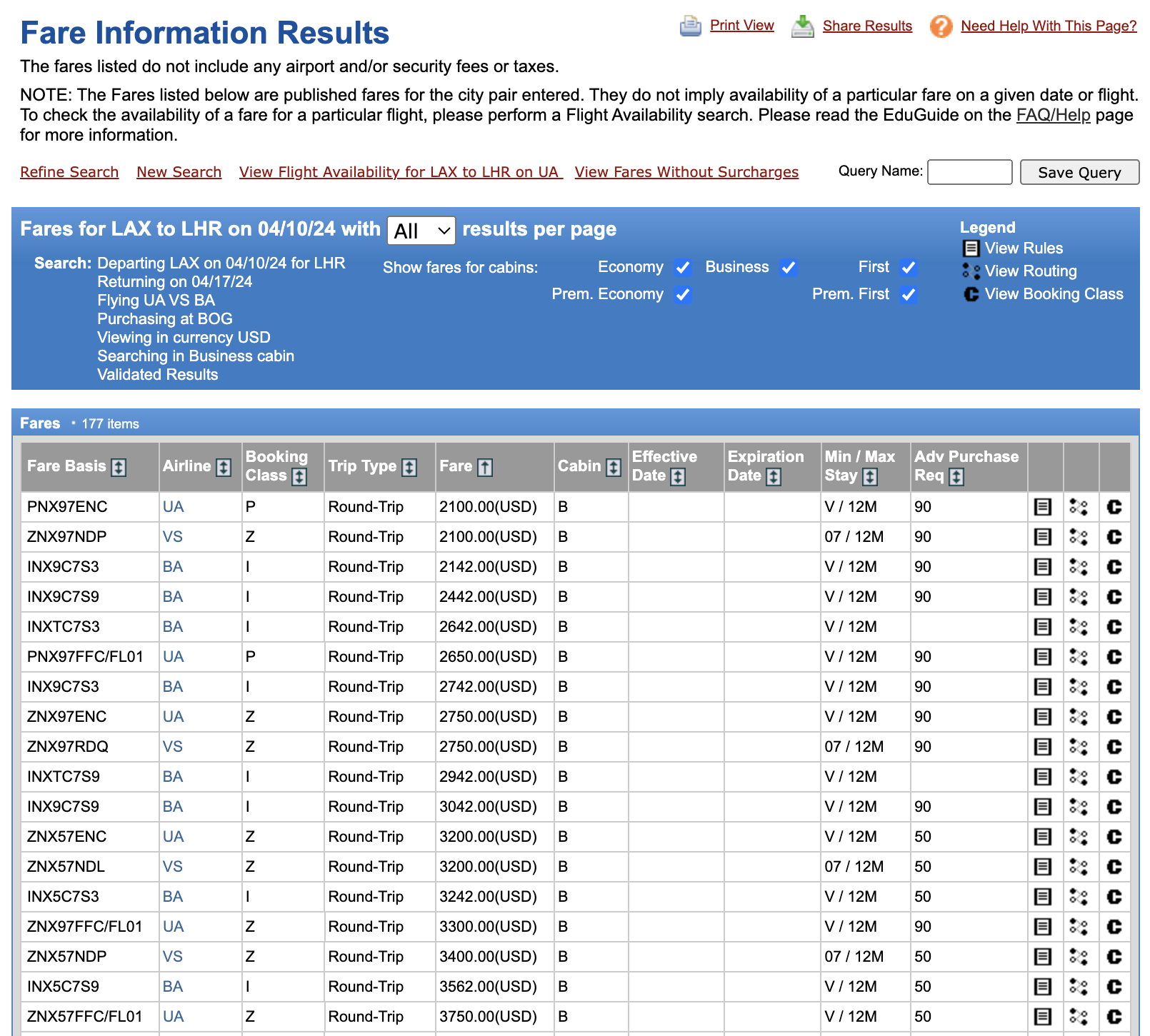 ExpertFlyer fare information search results ExpertFlyer fare information search results