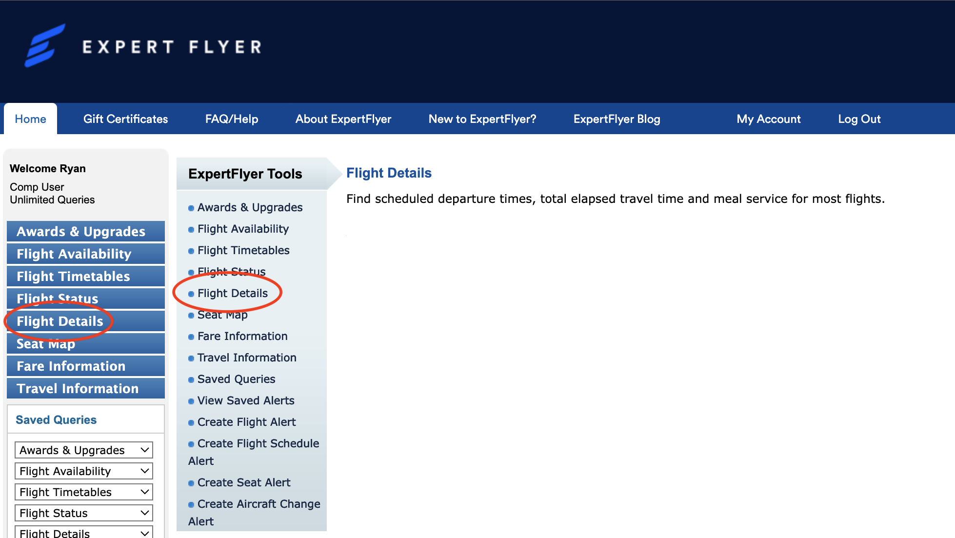 ExpertFlyer flight details on menu ExpertFlyer flight details on menu