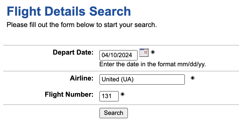 ExpertFlyer flight details search page ExpertFlyer flight details search page