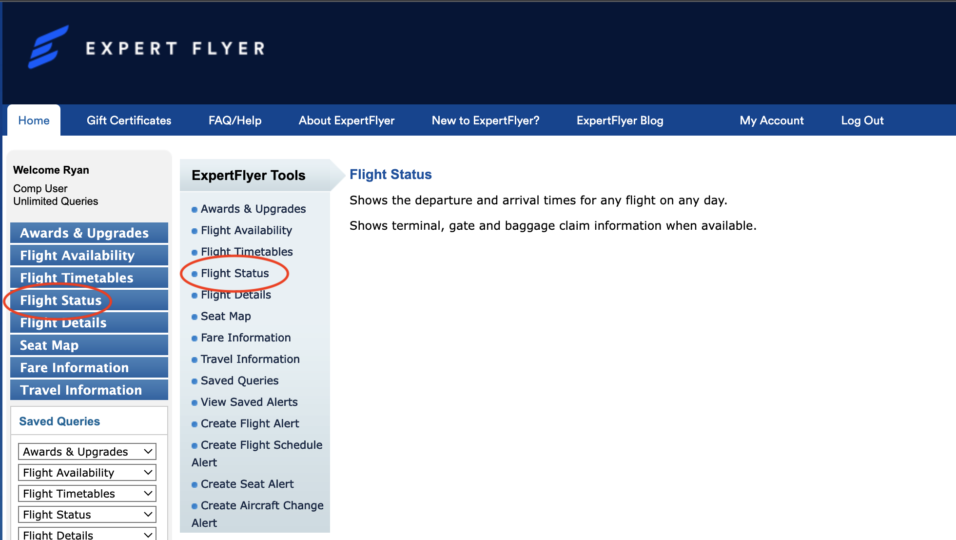 ExpertFlyer flight status menu option ExpertFlyer flight status menu option