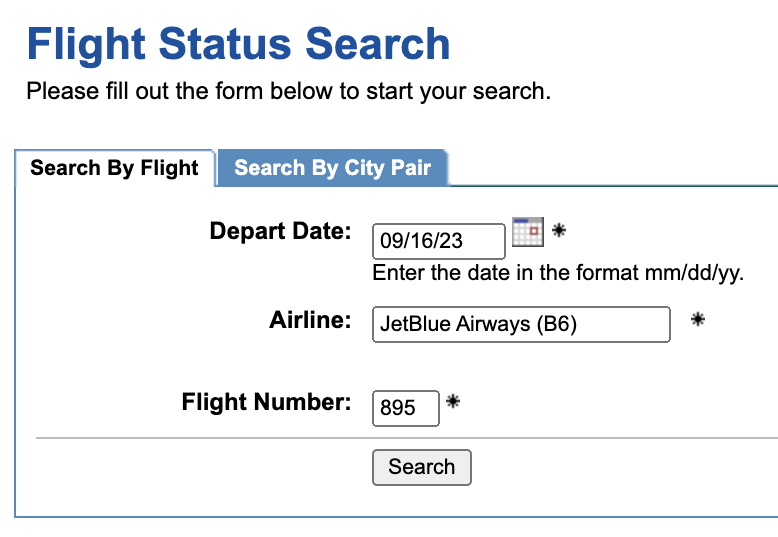 ExpertFlyer flight status search page ExpertFlyer flight status search page