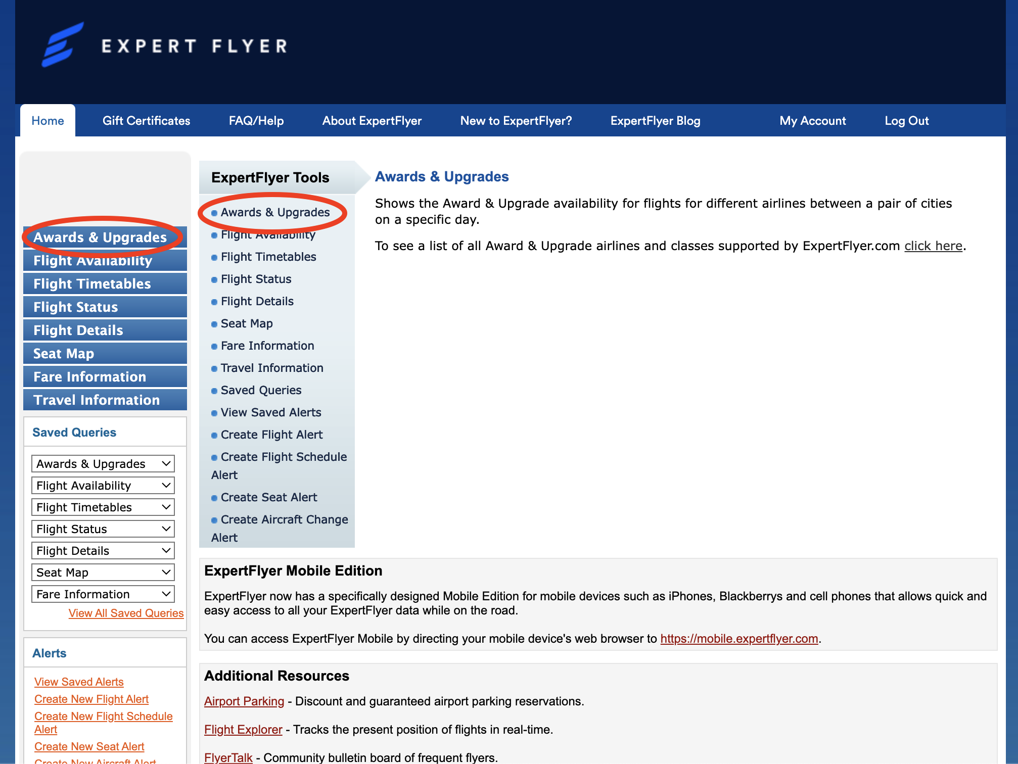 ExpertFlyer home screen awards and upgrades highlighted ExpertFlyer home screen awards and upgrades highlighted
