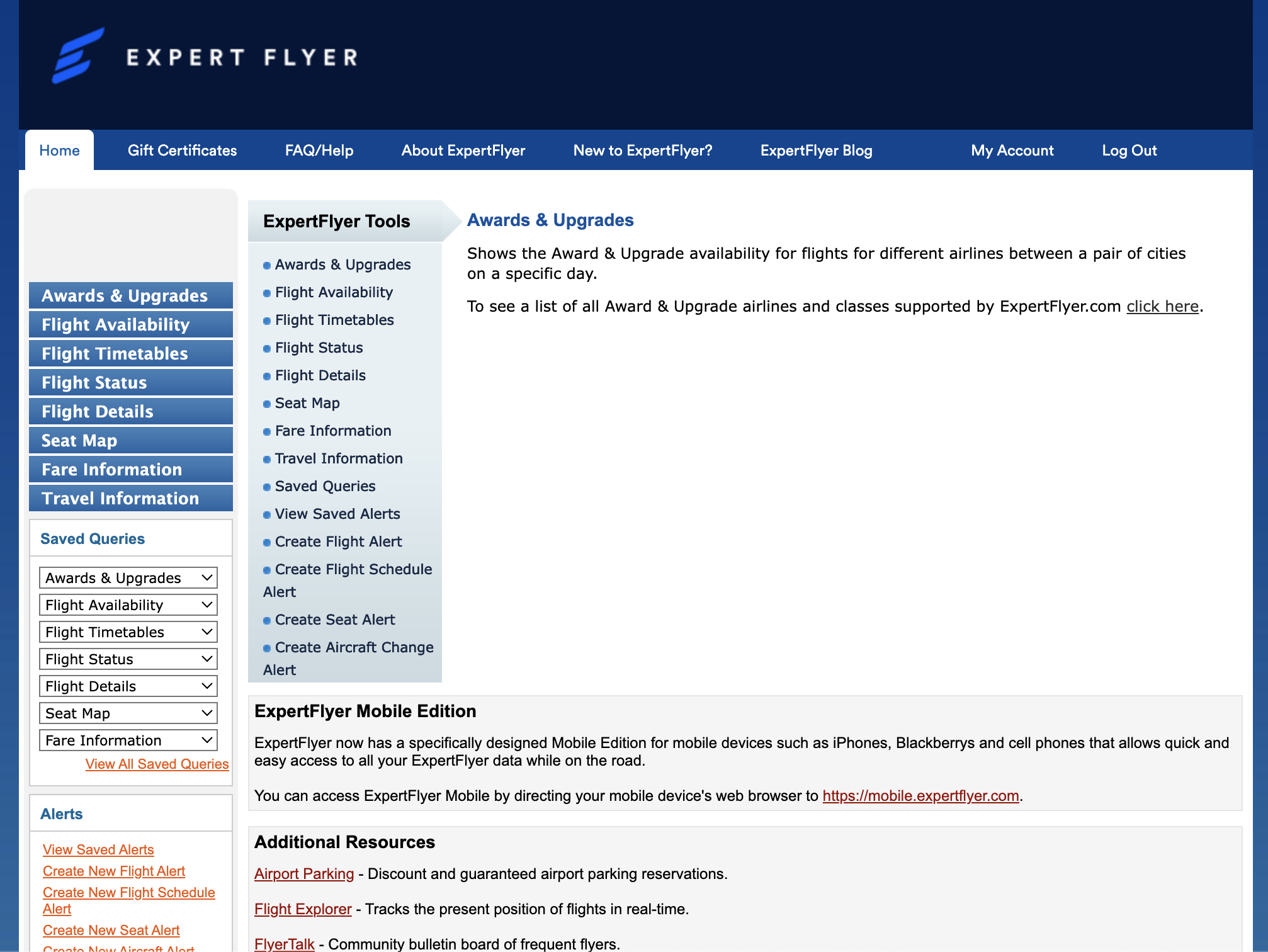 ExpertFlyer home screen ExpertFlyer home screen