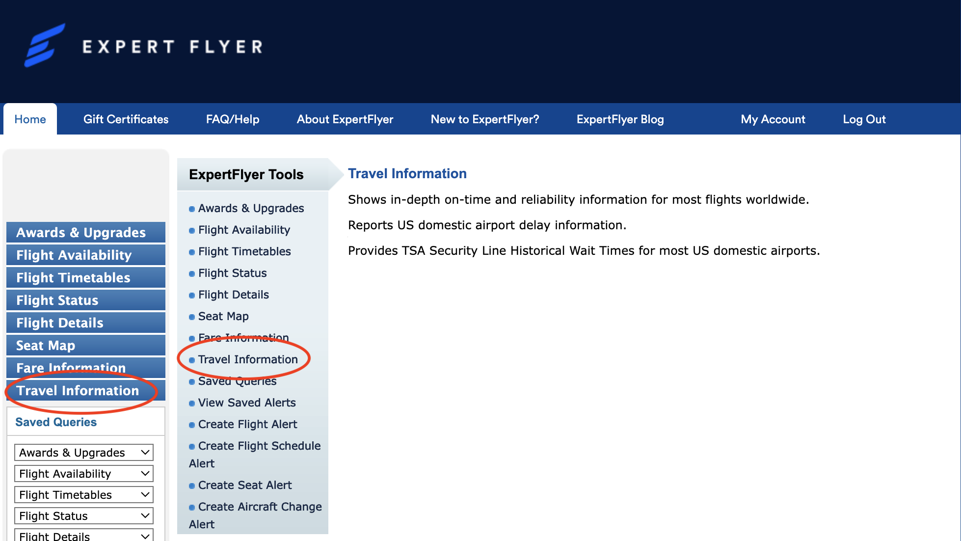 ExpertFlyer travel information menu option ExpertFlyer travel information menu option