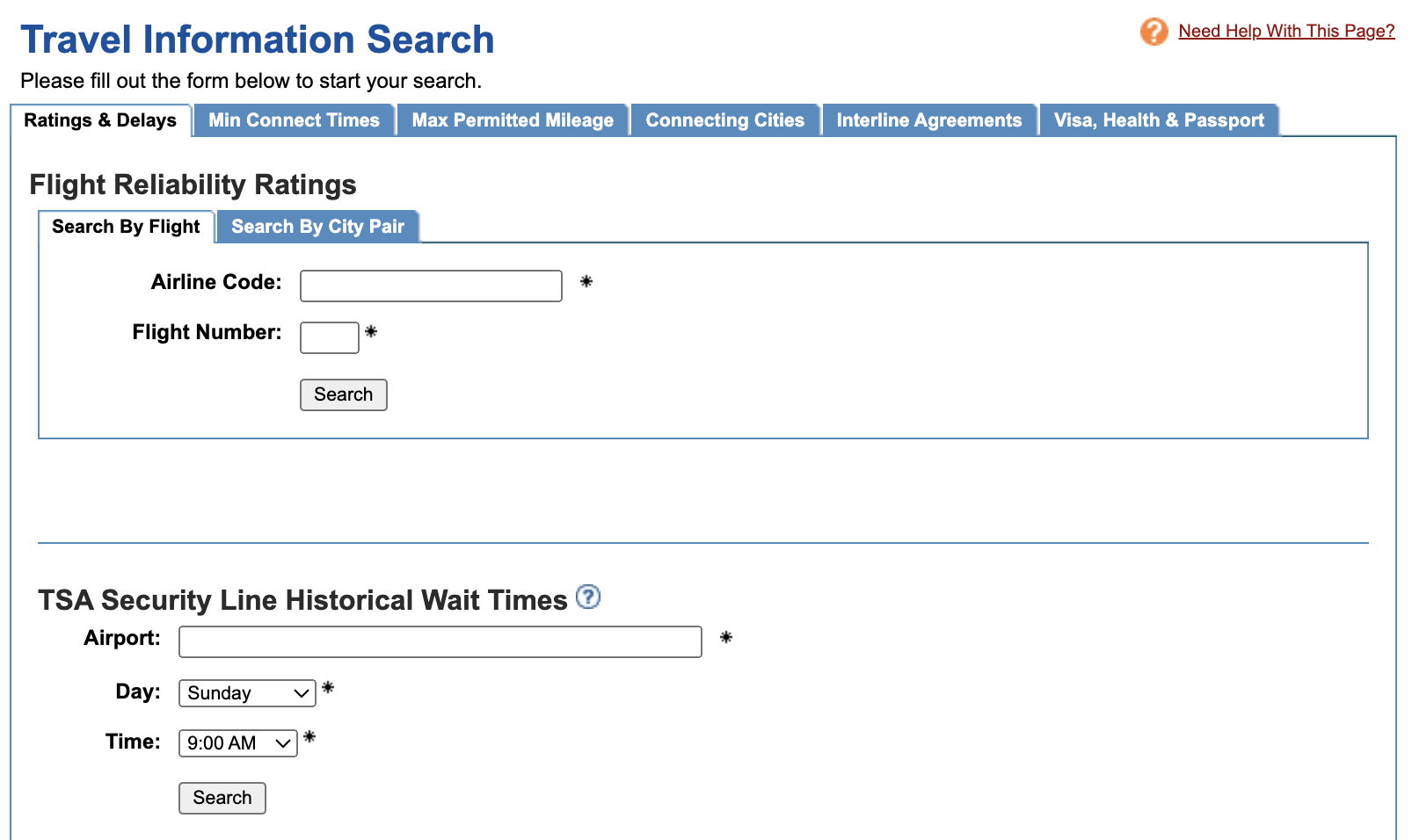 ExpertFlyer travel information search page ExpertFlyer travel information search page