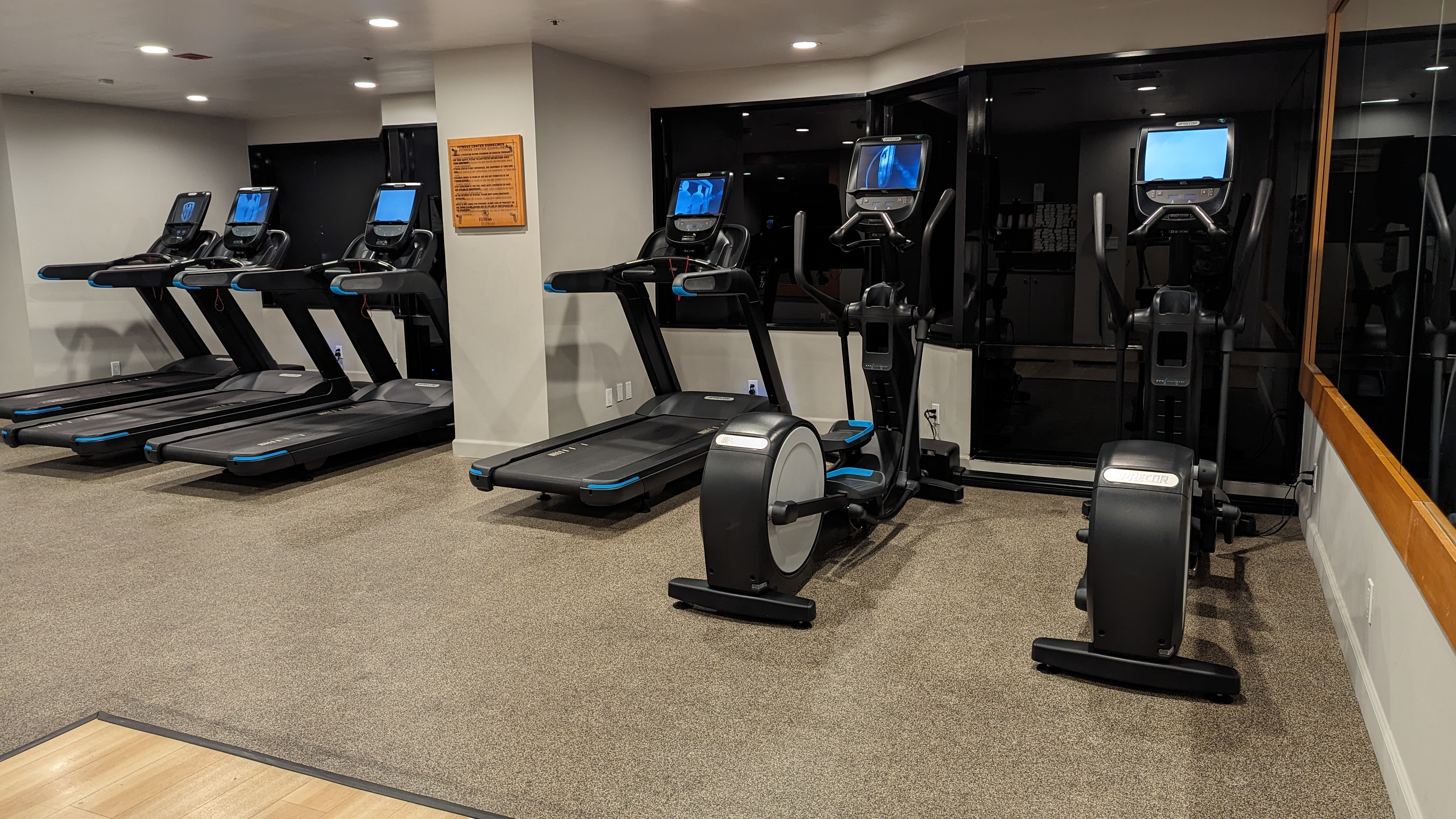 Hilton Los Angeles Universal City amenities fitness room cardio machines Hilton Los Angeles Universal City amenities fitness room cardio machines