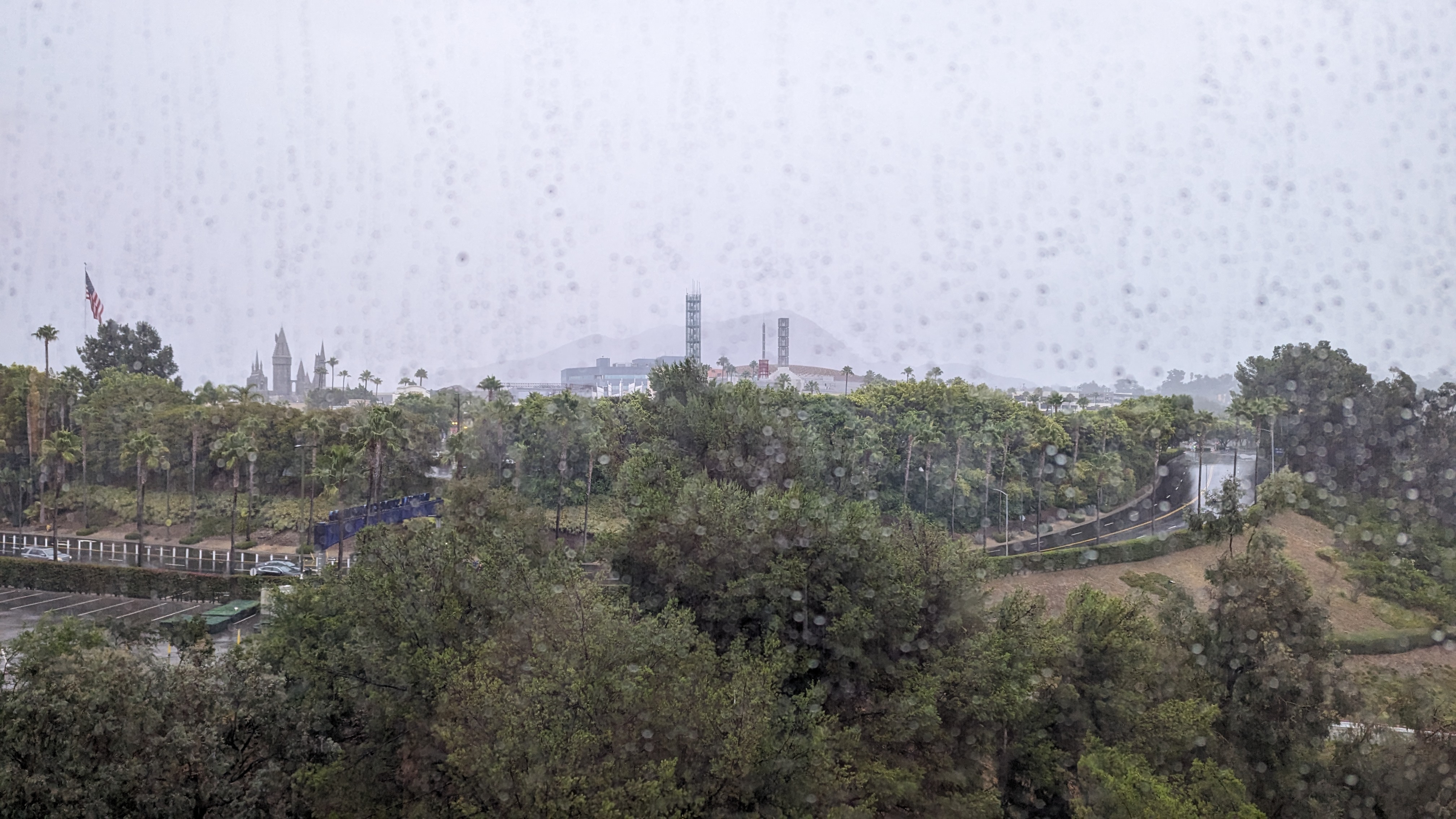 Hilton Los Angeles Universal City rainy view of Universal Studios Hollywood Hilton Los Angeles Universal City rainy view of Universal Studios Hollywood