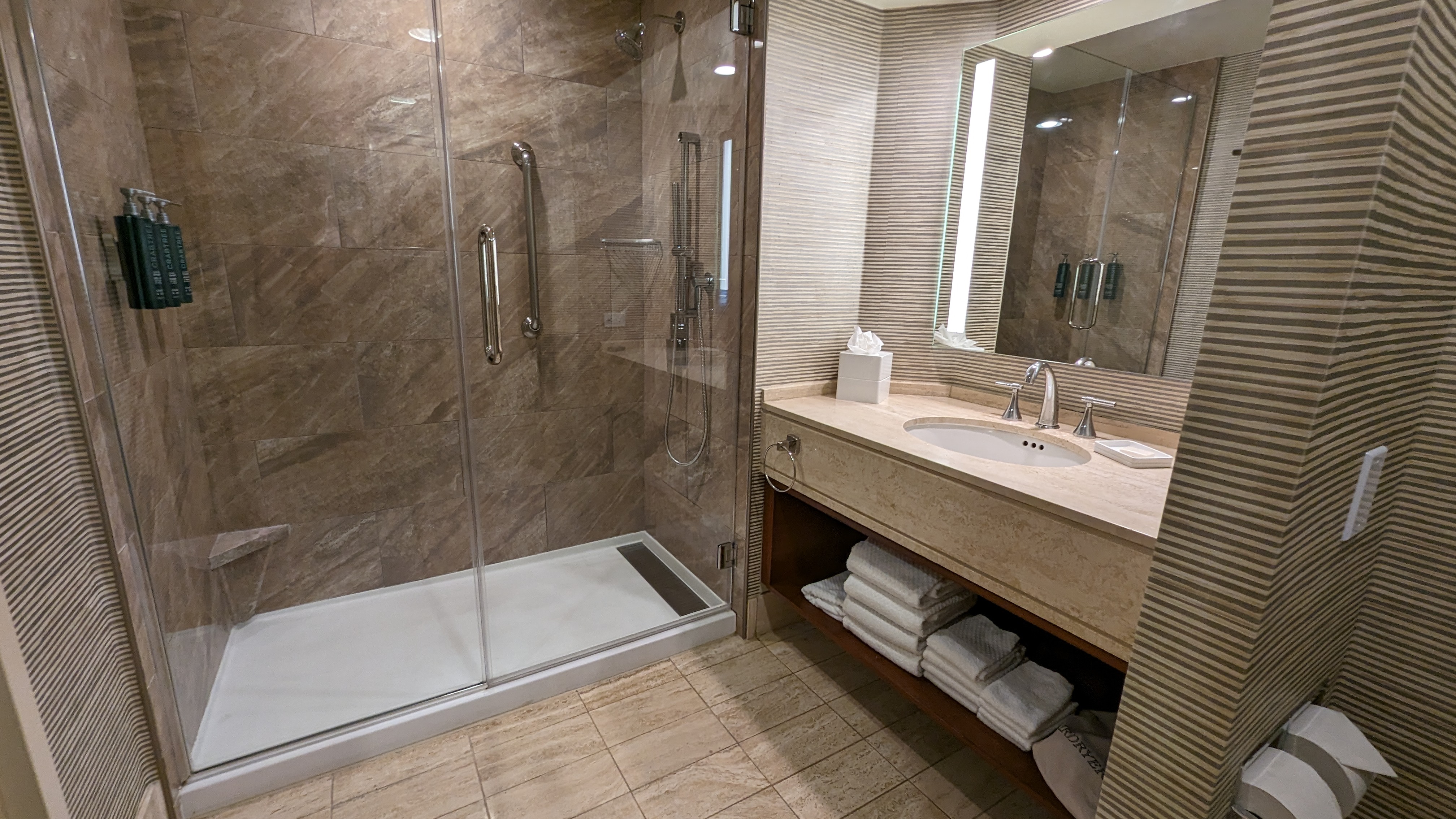 Hilton Los Angeles Universal City room bathroom shower and sink Hilton Los Angeles Universal City room bathroom shower and sink