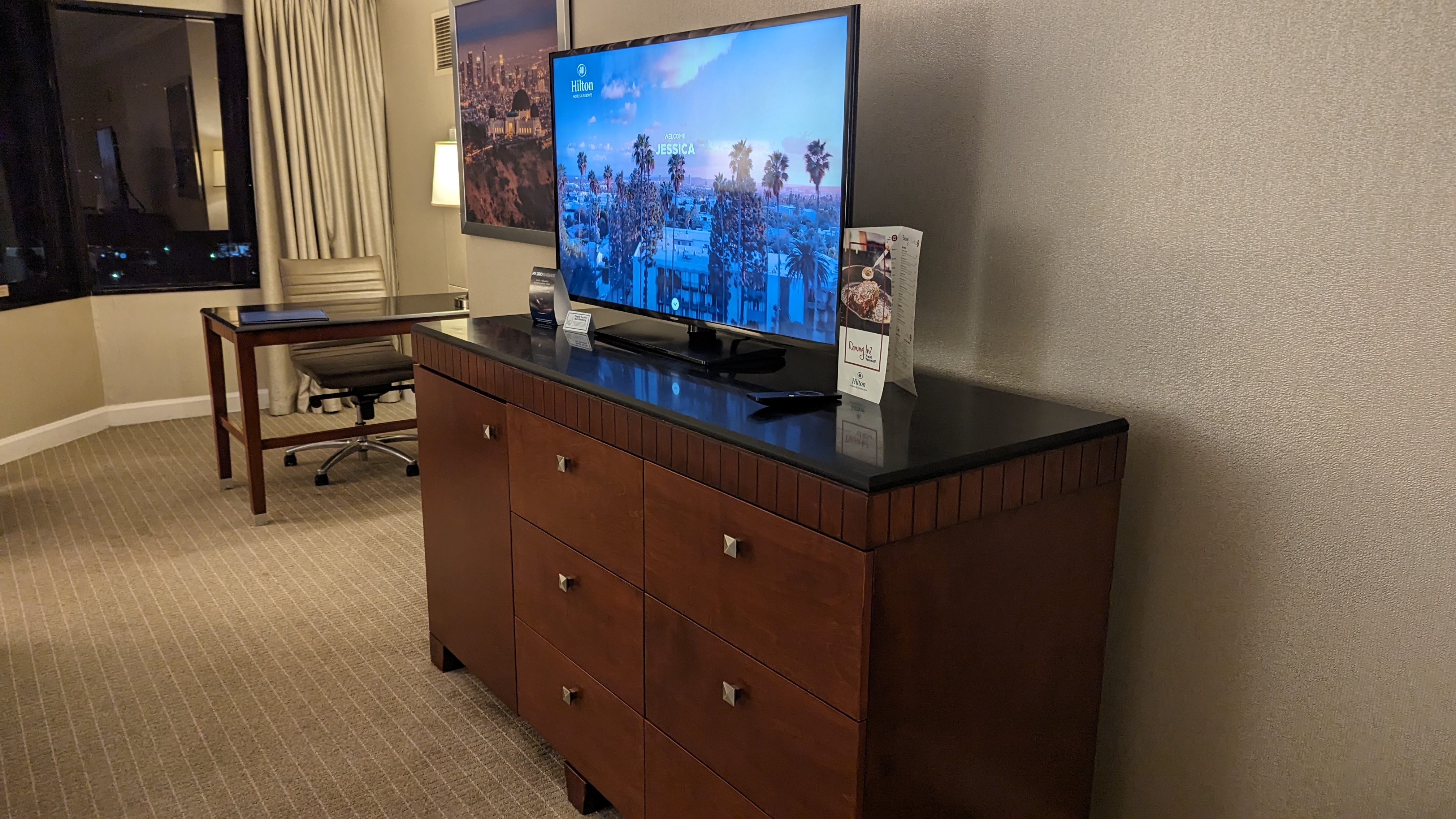 Hilton Los Angeles Universal City room dresser TV and desk with chair Hilton Los Angeles Universal City room dresser TV and desk with chair