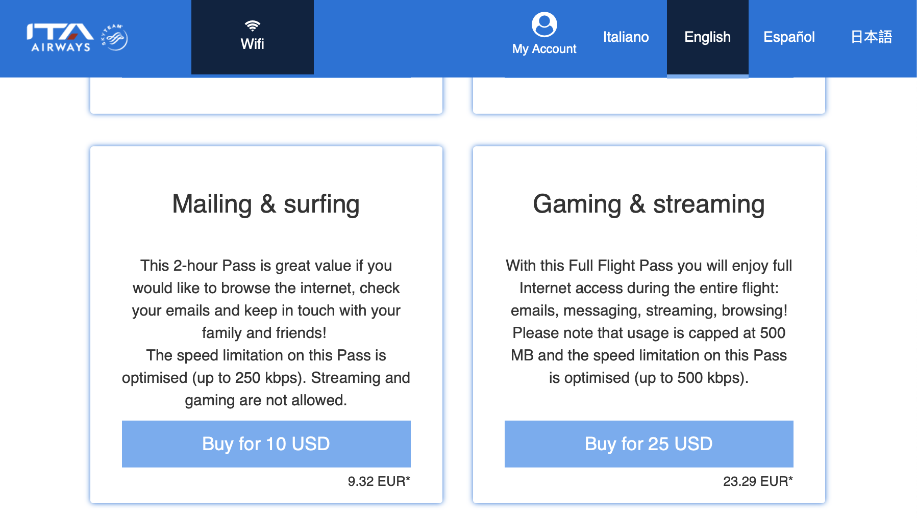 ITA inflight wifi options and cost ITA inflight wifi options and cost