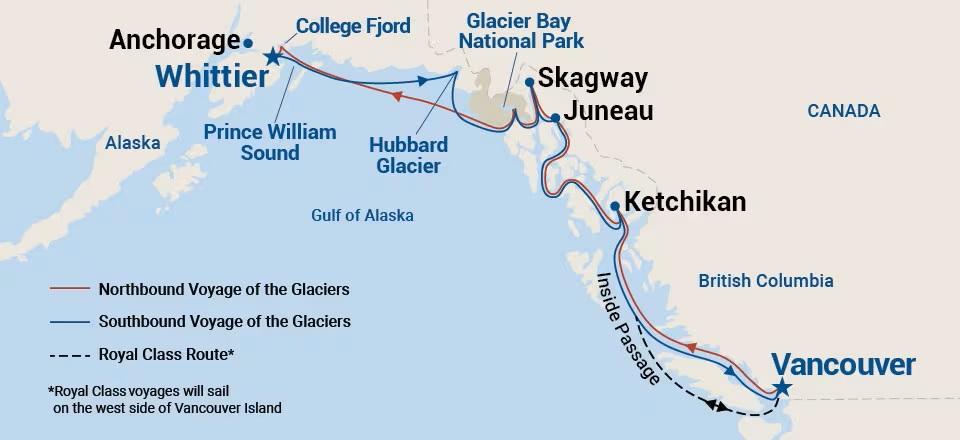 7 day Voyage of the Glaciers cruise itinerary Voyage of the Glaciers itinerary map