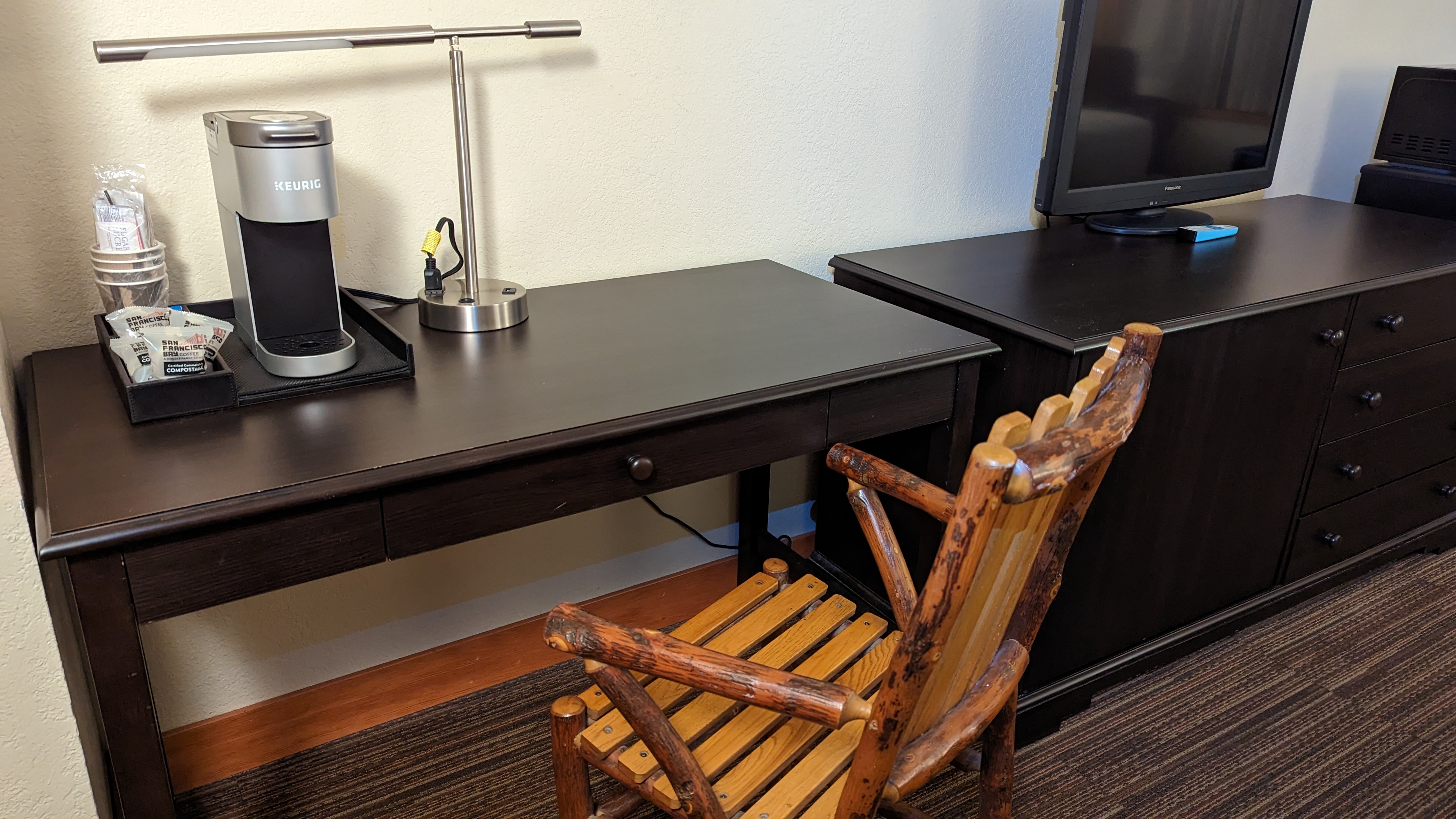 Wuksachi Lodge Sequoia National Park Sillman Building guestroom desk with chair and coffee maker Wuksachi Lodge Sequoia National Park Sillman Building guestroom desk with chair and coffee maker