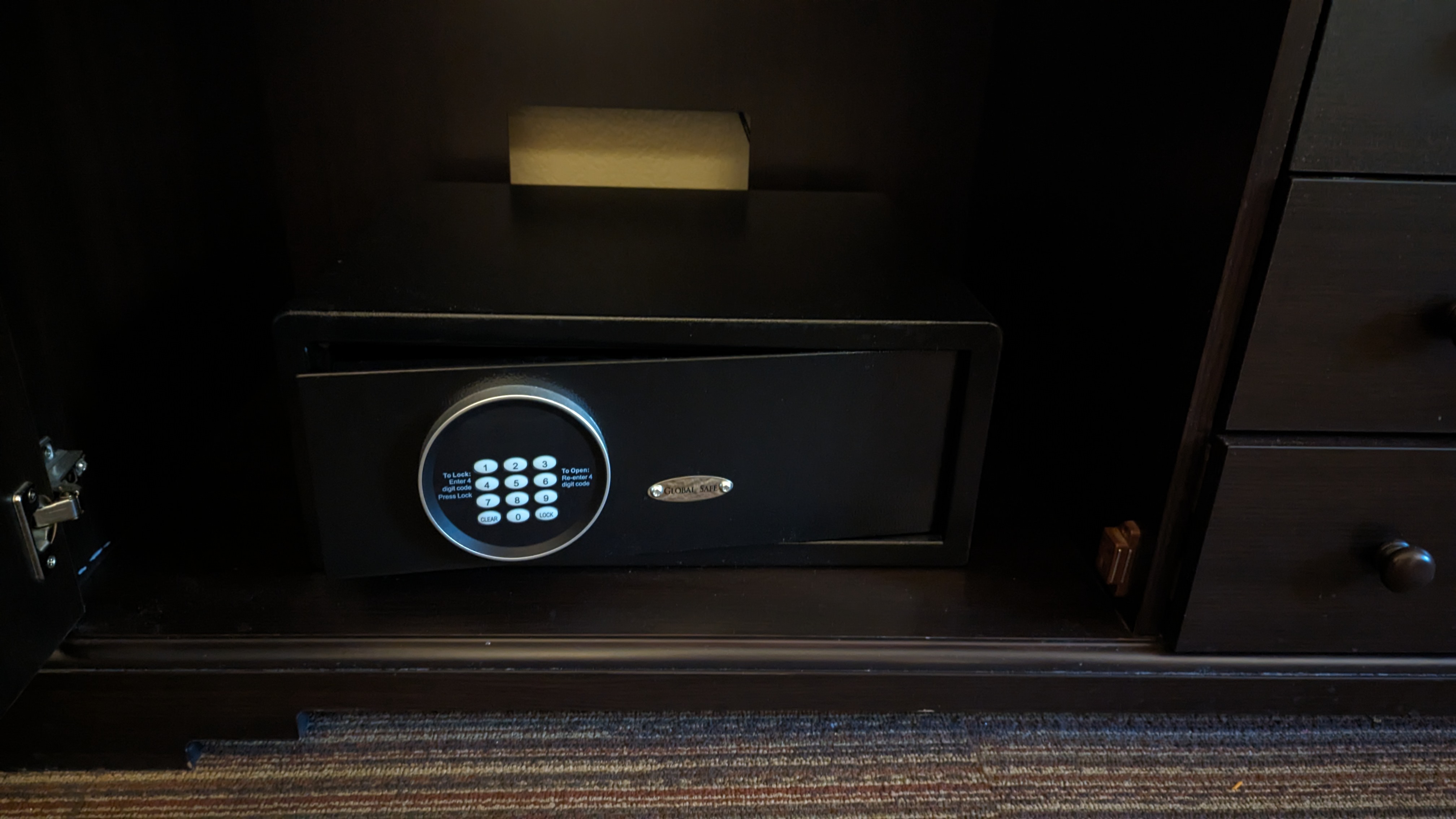 Wuksachi Lodge Sequoia National Park Sillman Building guestroom dresser safe Wuksachi Lodge Sequoia National Park Sillman Building guestroom dresser safe