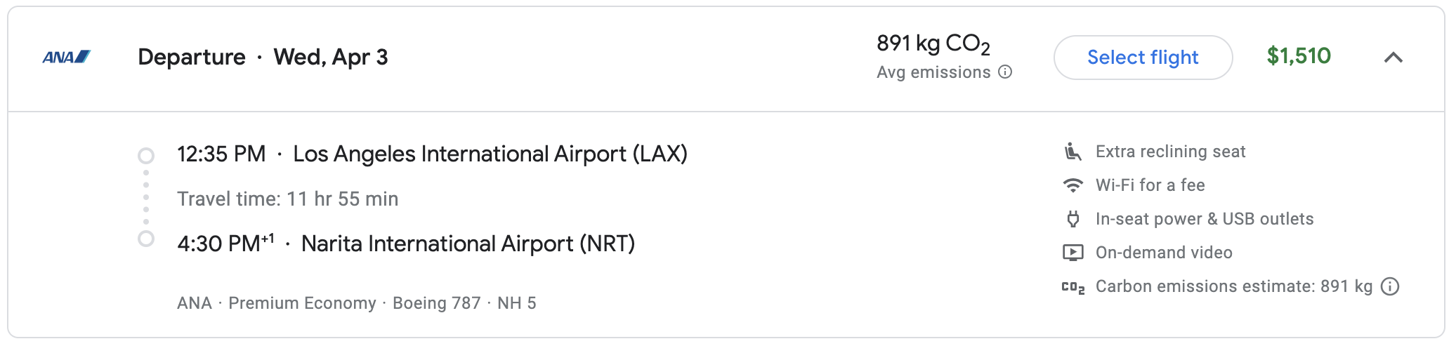ANA premium economy price LAX NRT