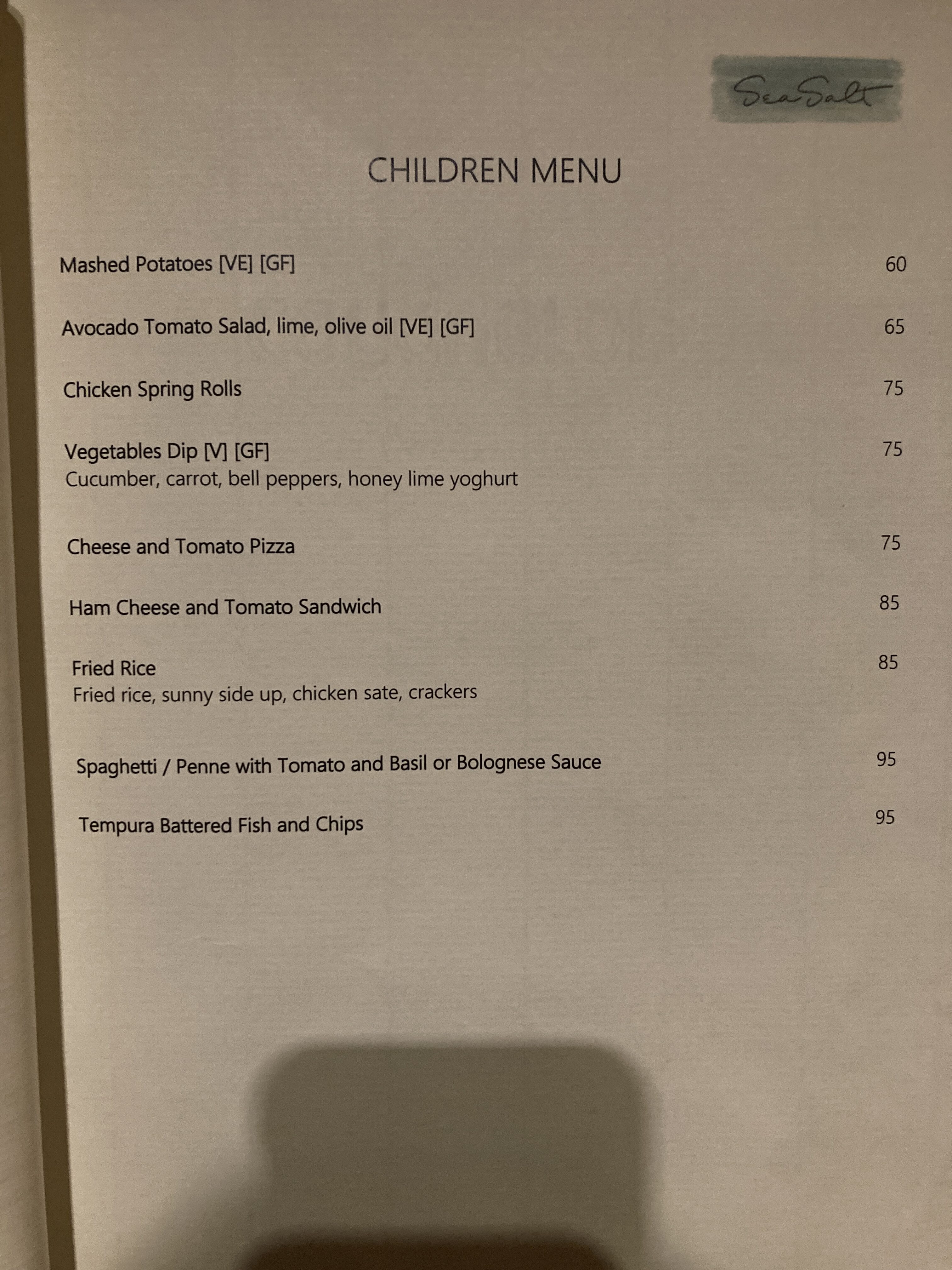 Alila Manggis Bali Sea Salt restaurant childrens menu Alila Manggis Bali Sea Salt restaurant childrens menu