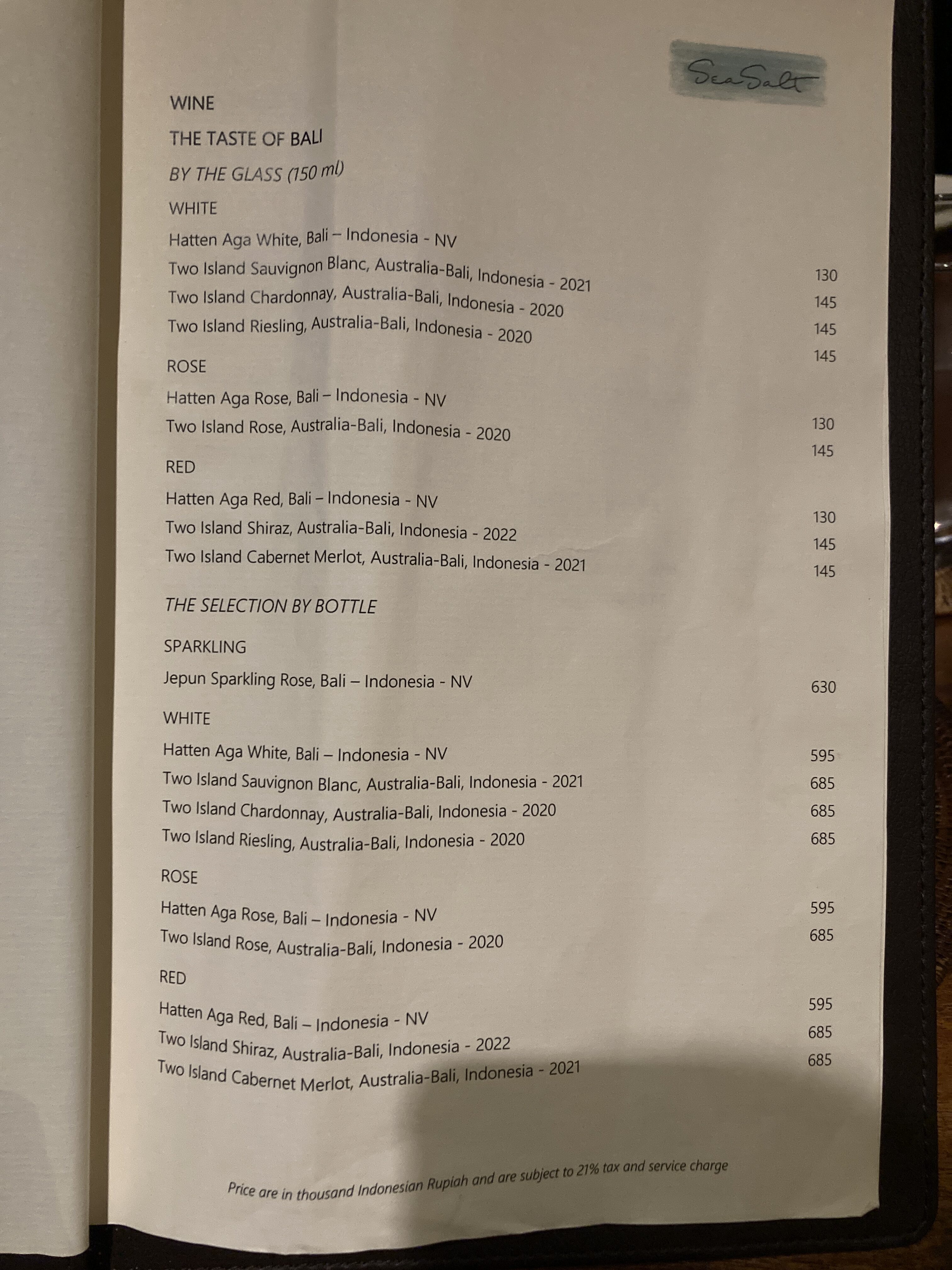 Alila Manggis Bali Sea Salt restaurant wine menu Alila Manggis Bali Sea Salt restaurant wine menu