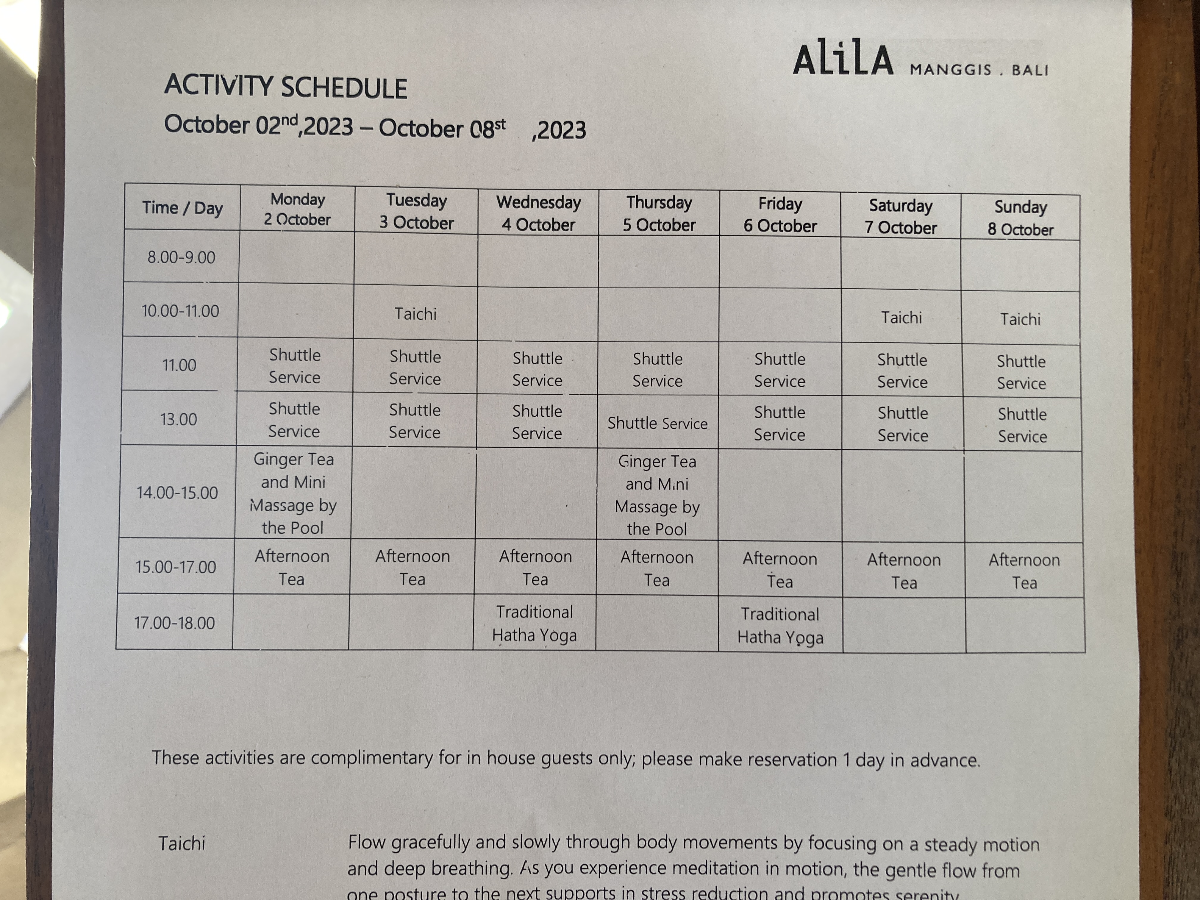Alila Manggis Bali activity schedule Alila Manggis Bali activity schedule