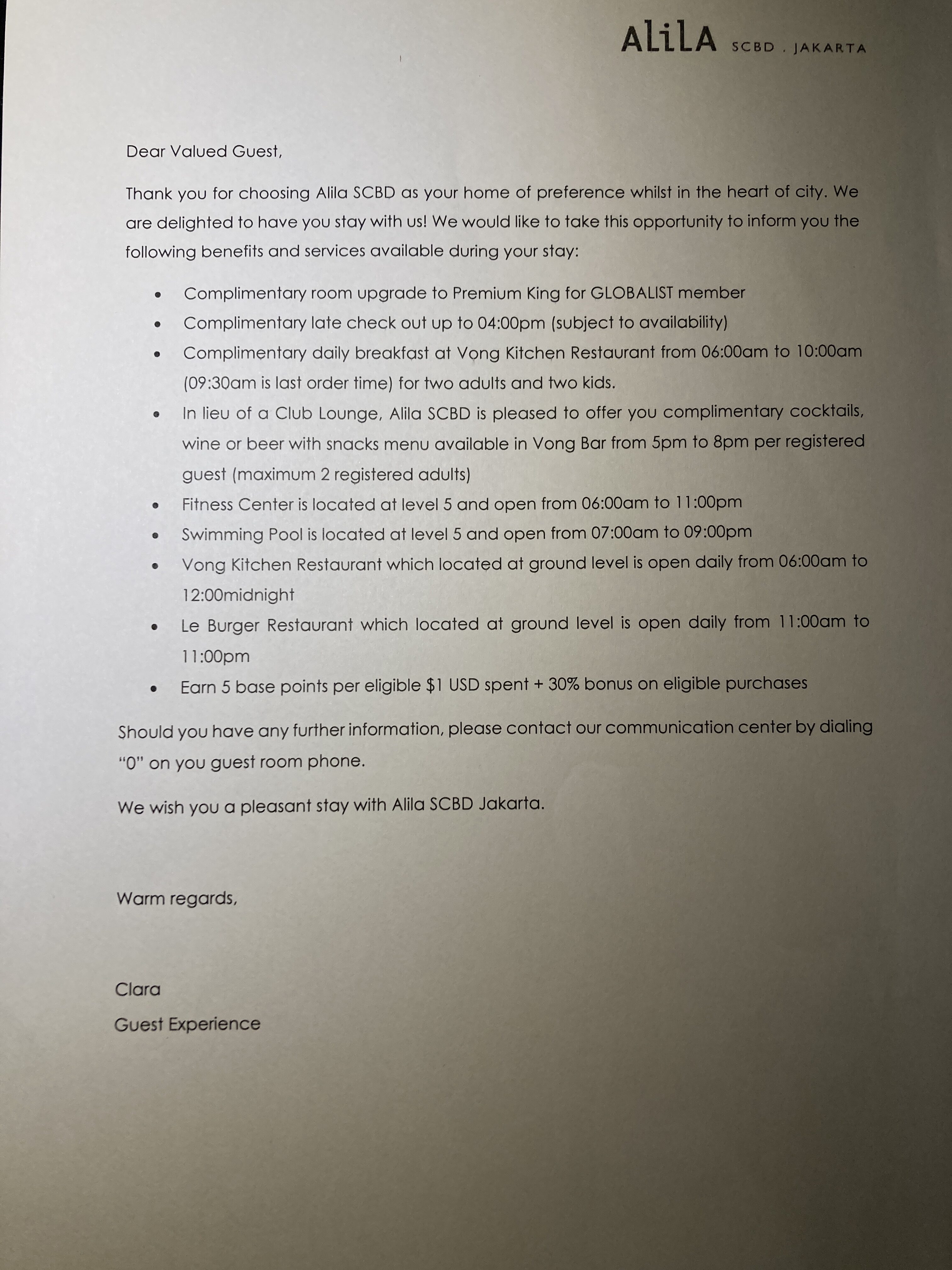Alila SCBD Jakarta Globalist welcome letter Alila SCBD Jakarta Globalist welcome letter