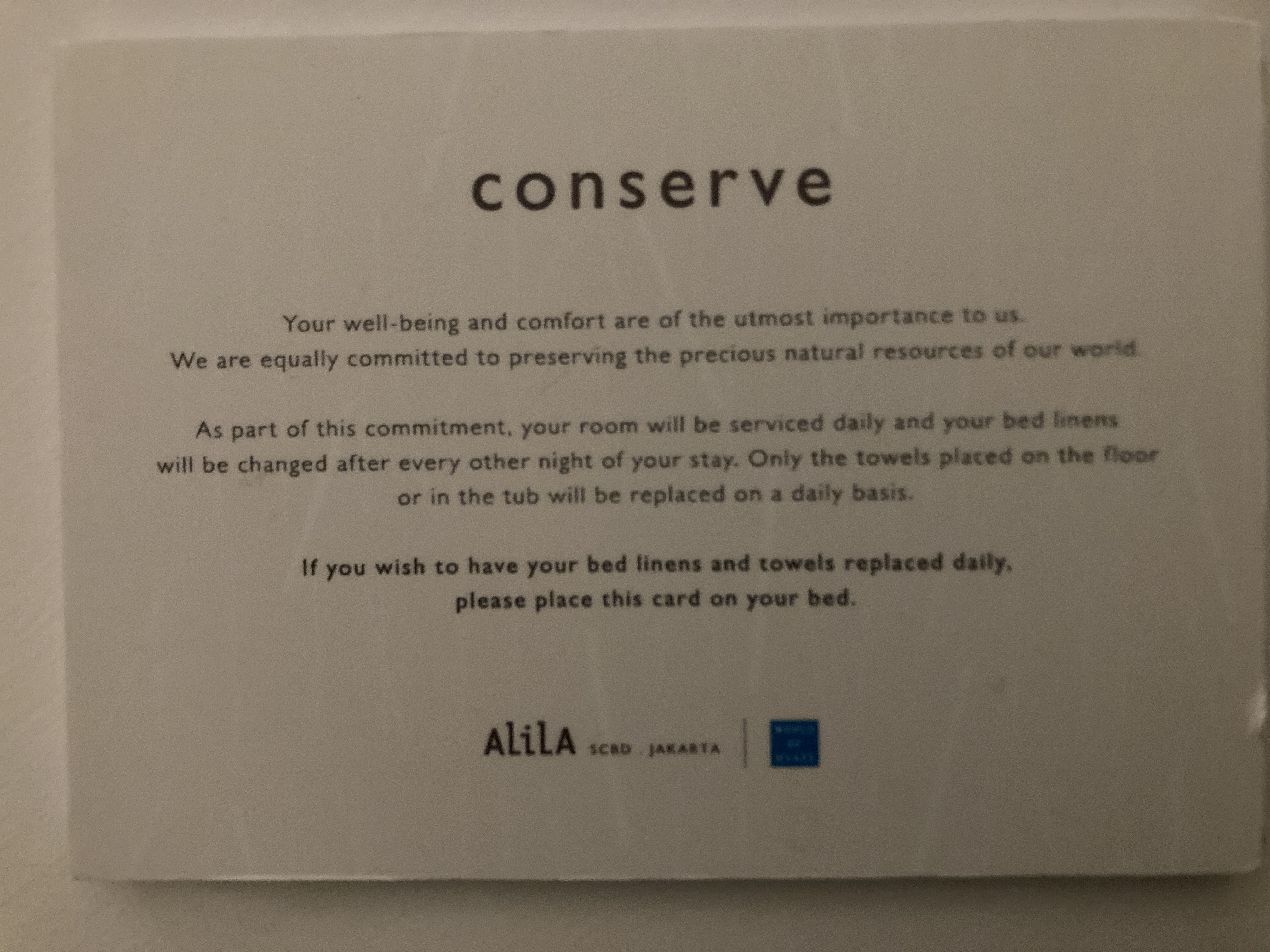 Alila SCBD Jakarta bedroom conservation note Alila SCBD Jakarta bedroom conservation note