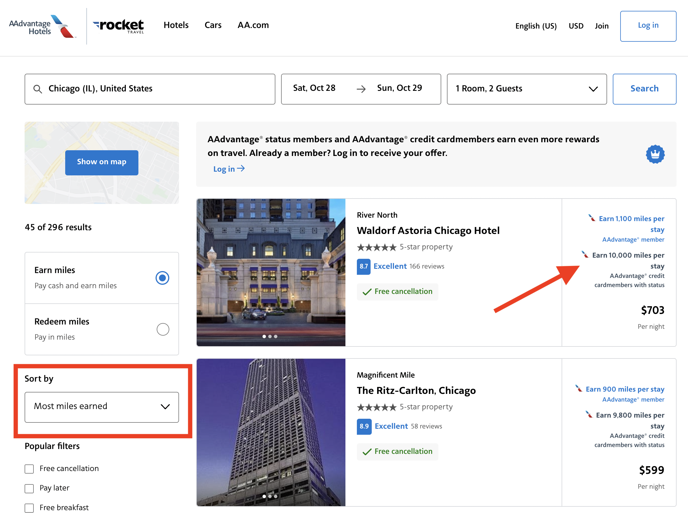American Airlines Hotels sort by most miles earned American Airlines Hotels sort by most miles earned