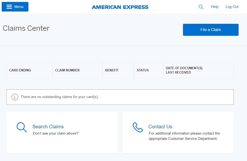 American Express Claims Center landing page American Express Claims Center landing page