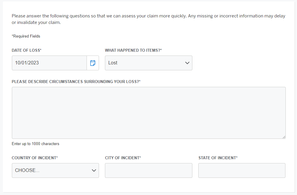 American Express purchase protection item information screen American Express purchase protection item information screen