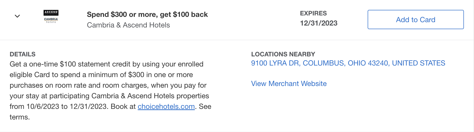 Amex Offer for Cambria and Ascend Hotels