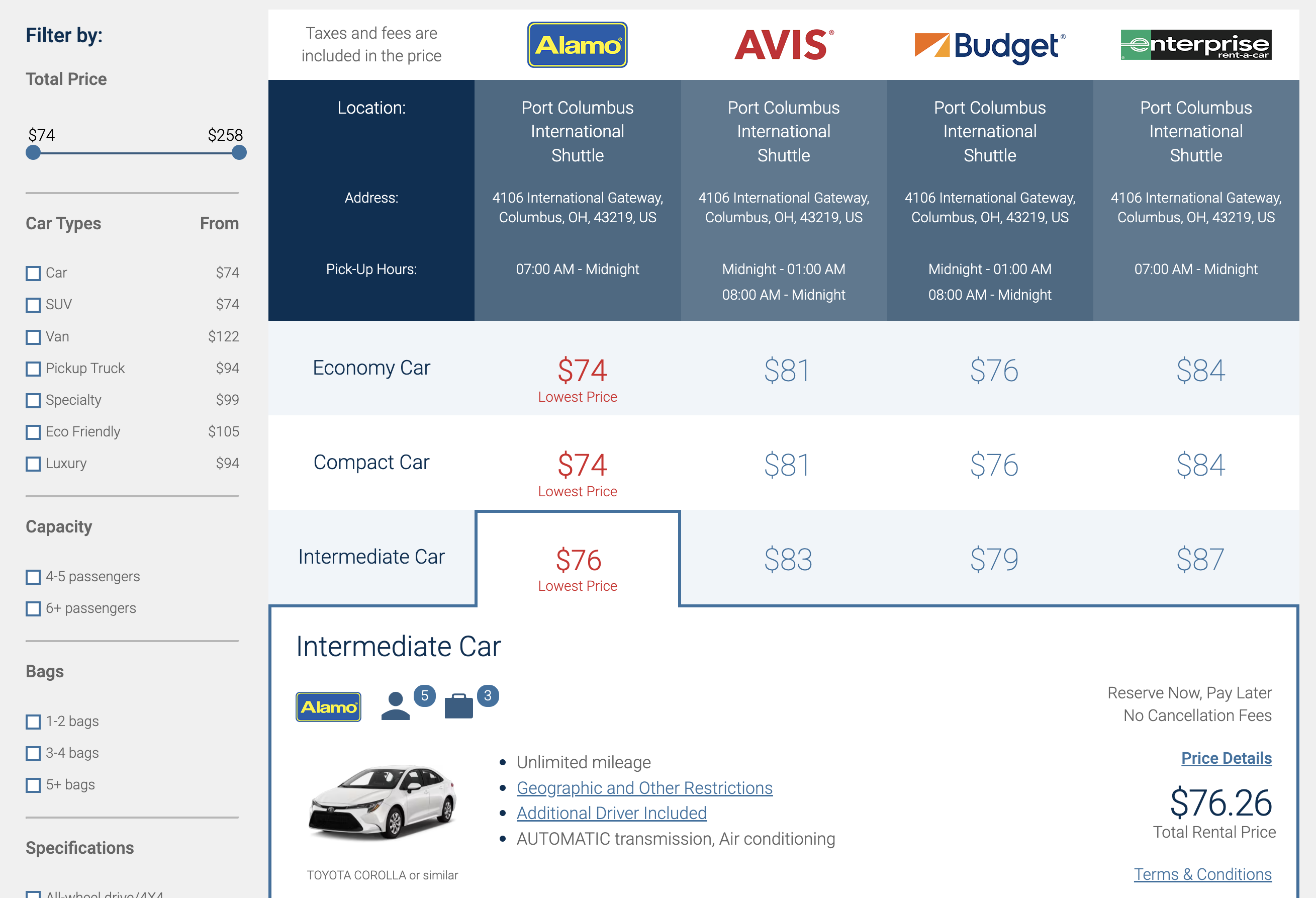 Costco Travel car rental search results