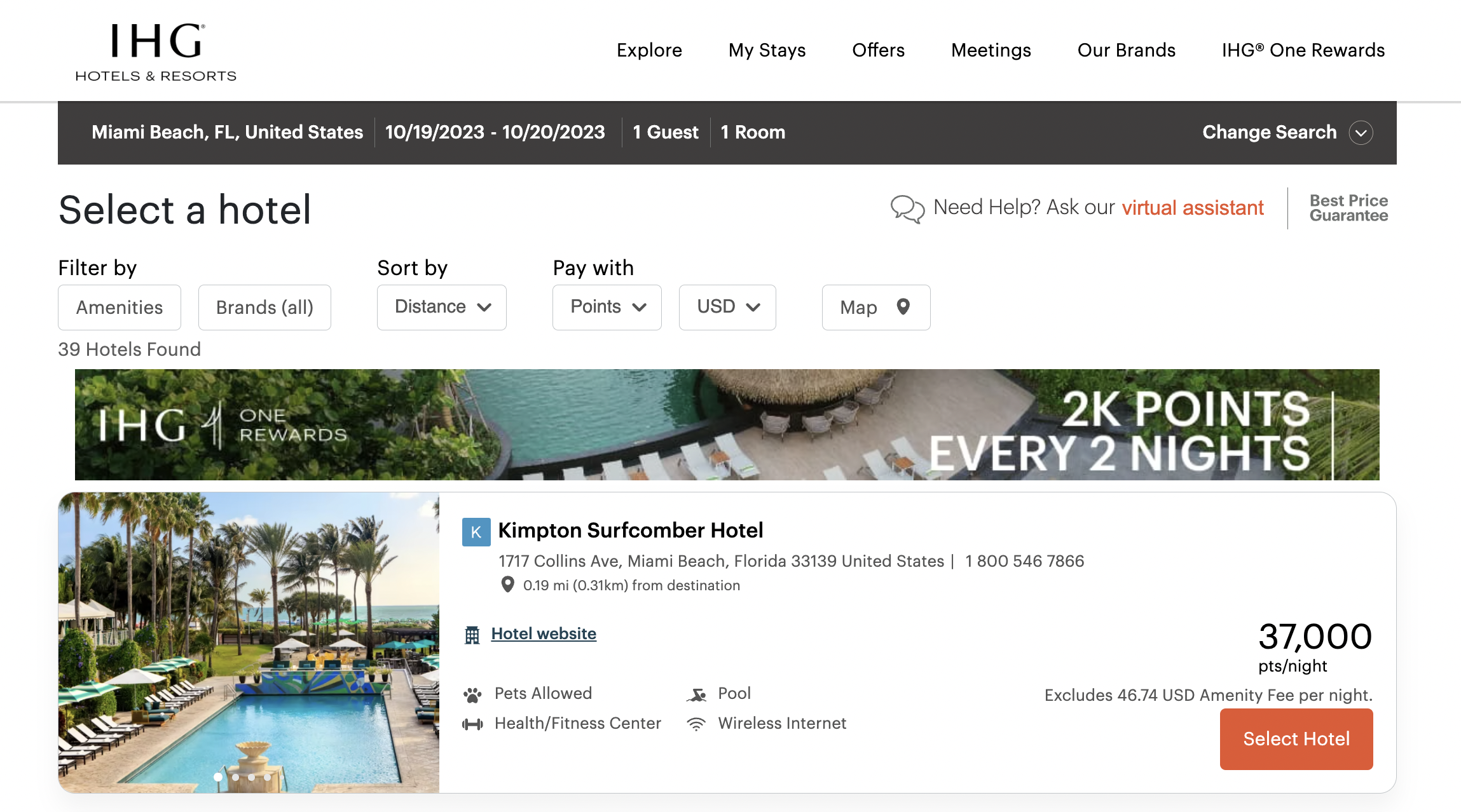 Kimpton Surfcomber IHG Points Rates