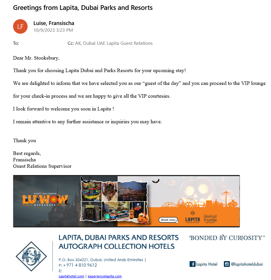 Lapita Dubai Parks and Resorts Autograph Collection VIP email Lapita Dubai Parks and Resorts Autograph Collection VIP email