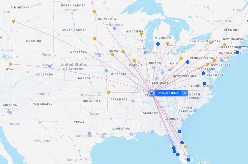 Map of Allegiant Air routes from Nashville