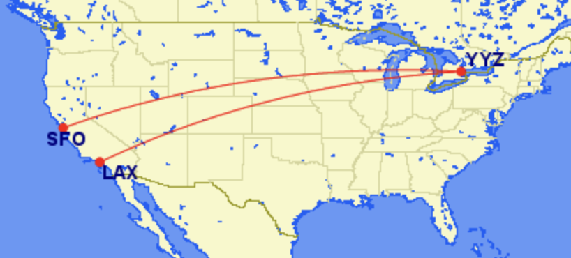 Map of Porter Airlines services to California Map of Porter Airlines services to California